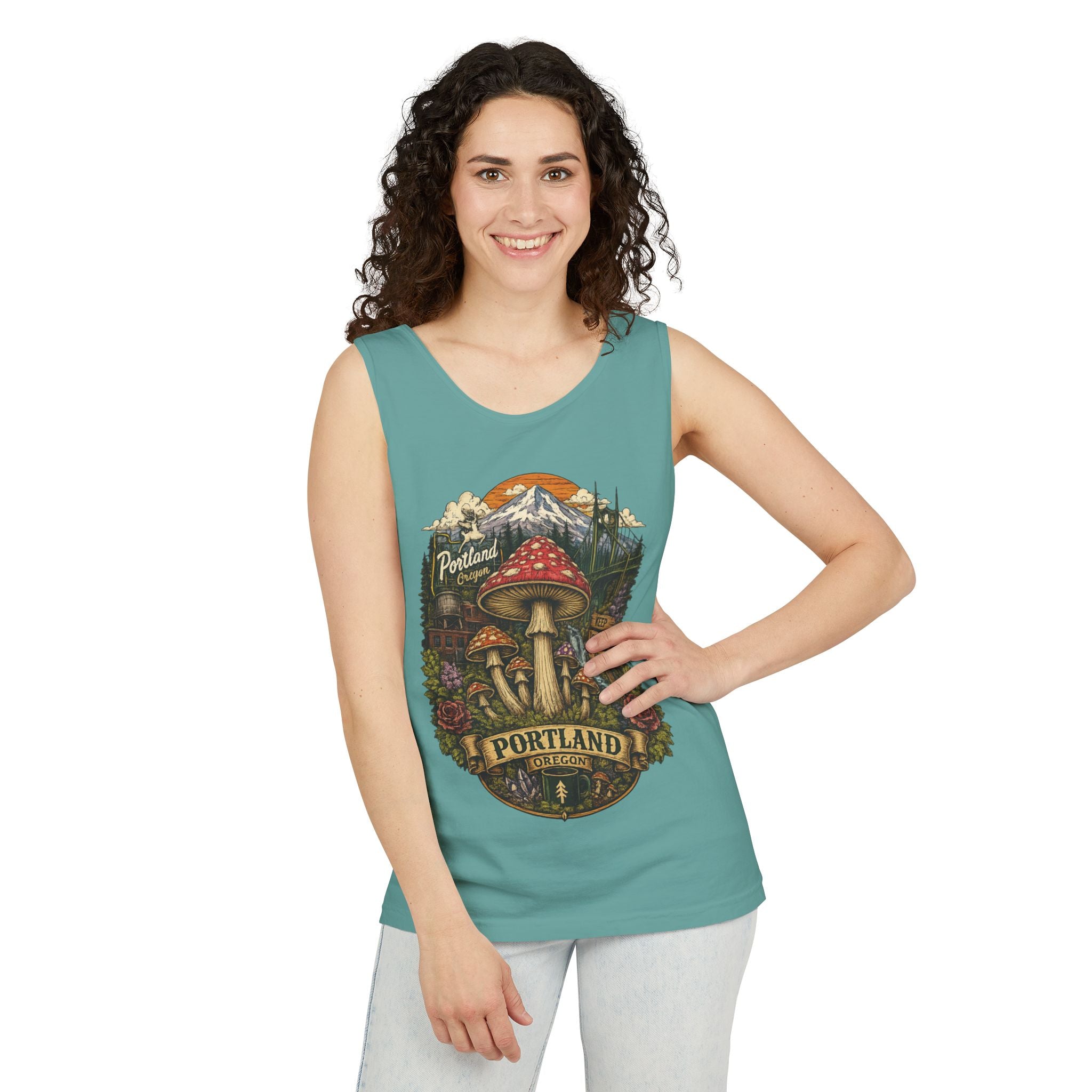 City: Portland Mushroom Tank Top — Vintage Forest Travel Graphic