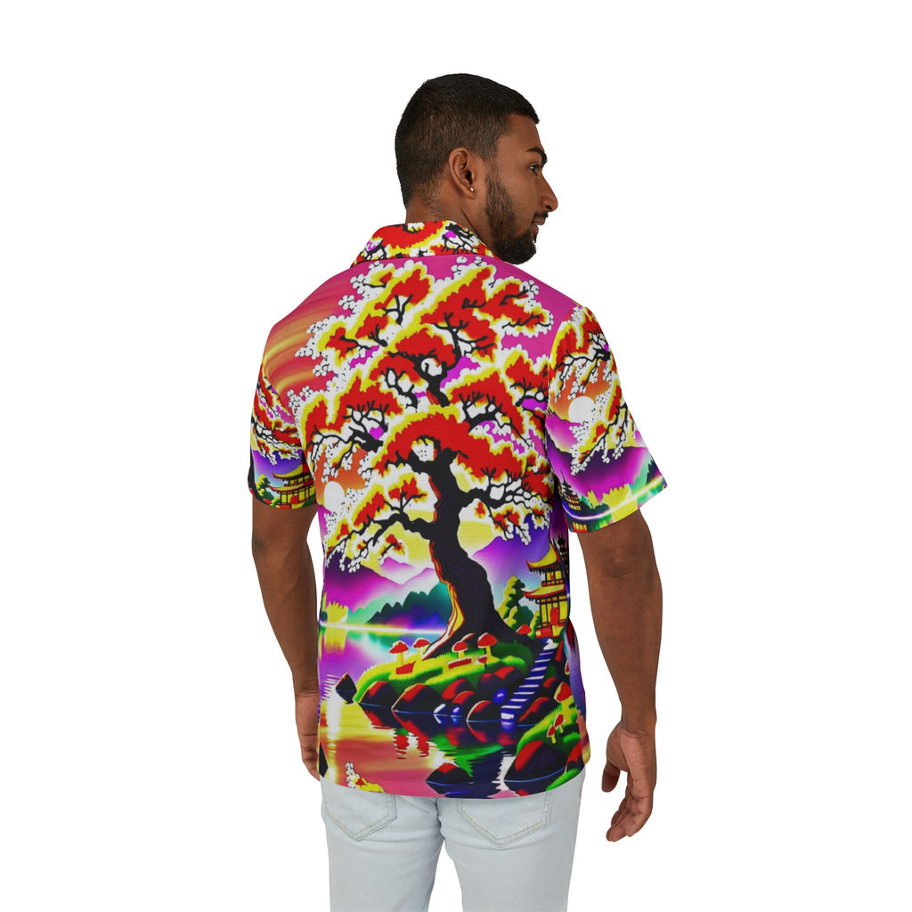 Camisa hawaiana de hombre — Estampado vibrante de neón de cerezos en flor