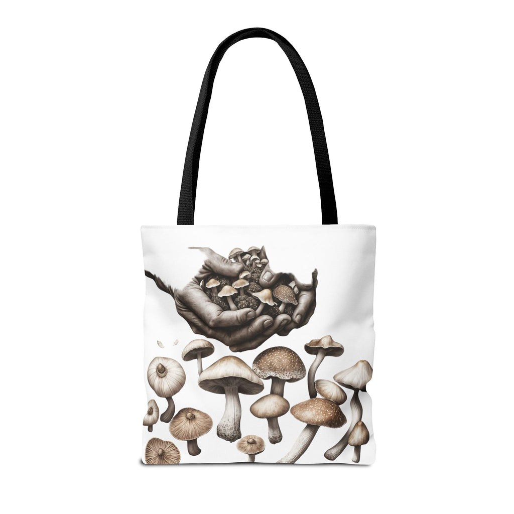 Mushroom Garden Tote Bag — Hand-Held Fungi Illustration All-Over Print