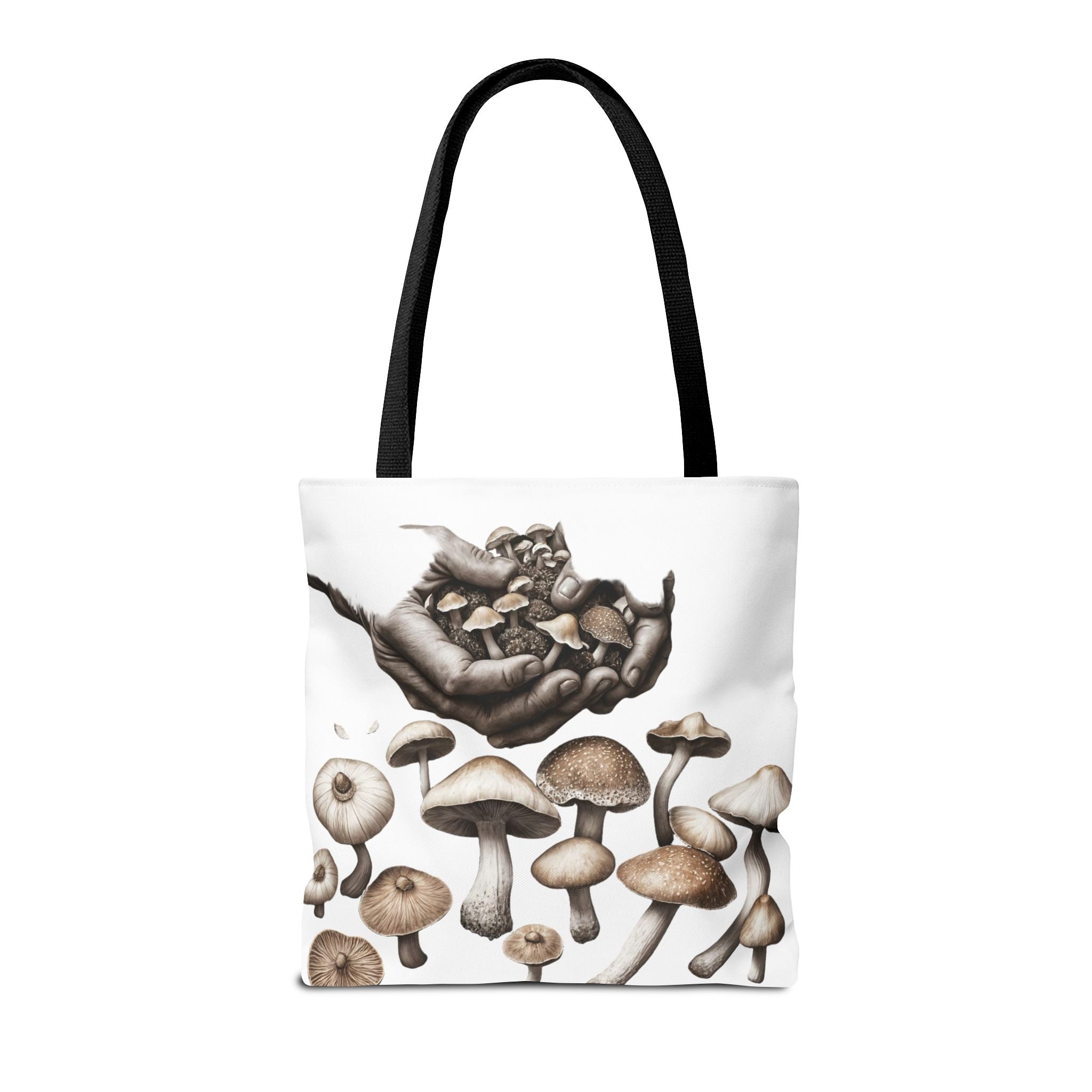 Mushroom Garden Tote Bag — Hand-Held Fungi Illustration All-Over Print
