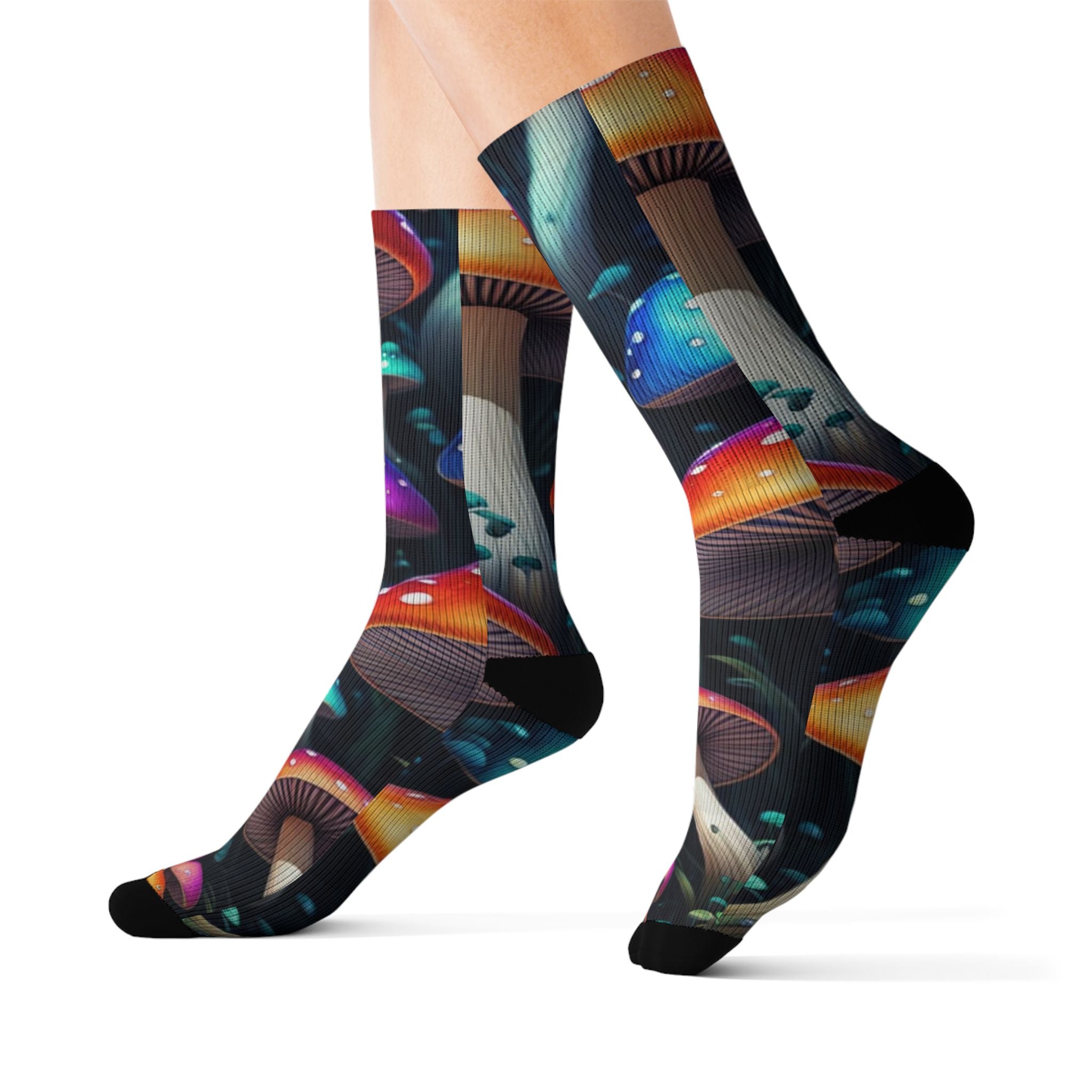 Socks: Psychedelic Mushroom Sublimation Socks — Colorful Fantasy Crew Socks