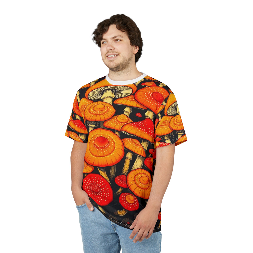 Camiseta con estampado completo de hongos psicodélicos anaranjados