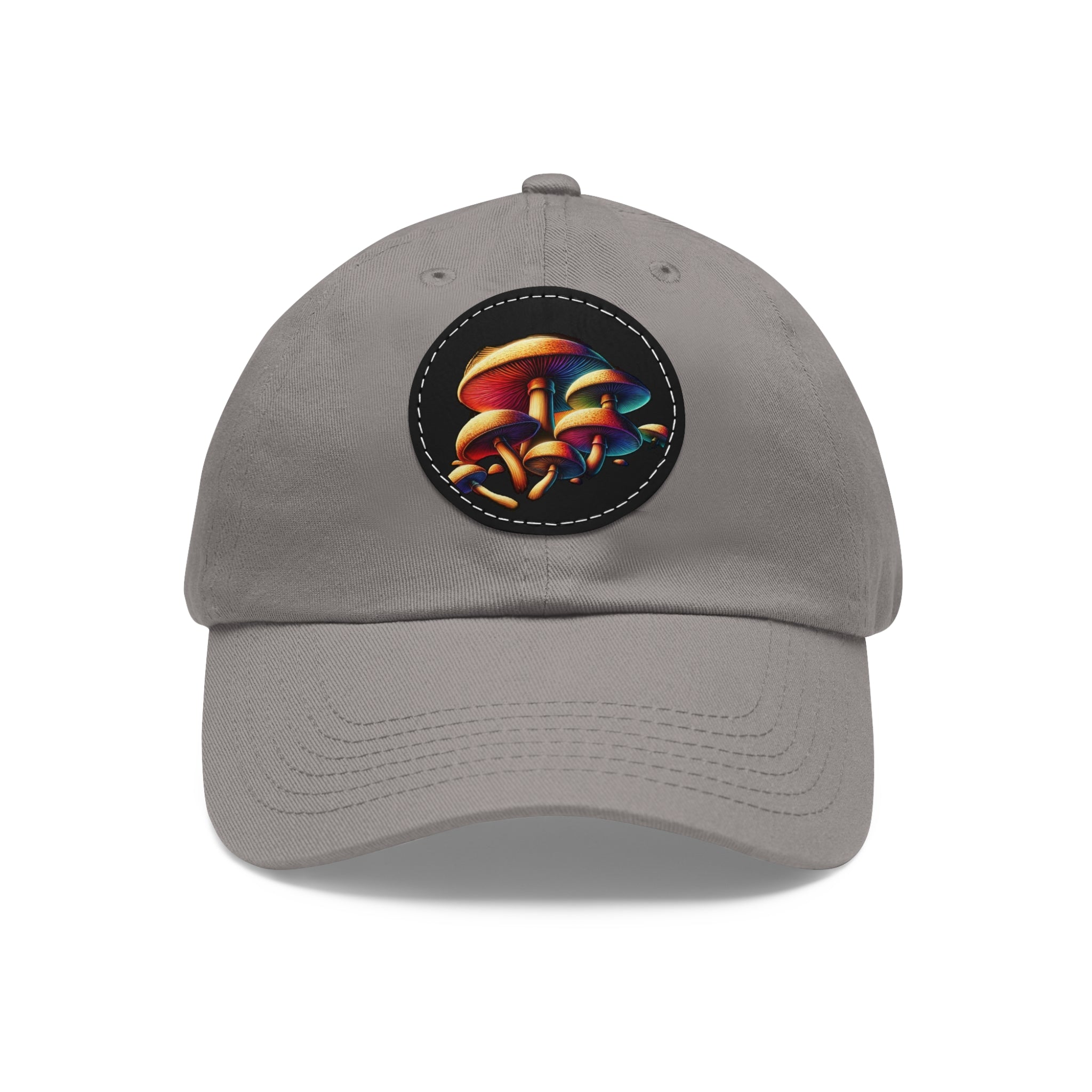 Mushroom Patch Dad Hat — Colorful Psychedelic Fungi Leather Patch Cap