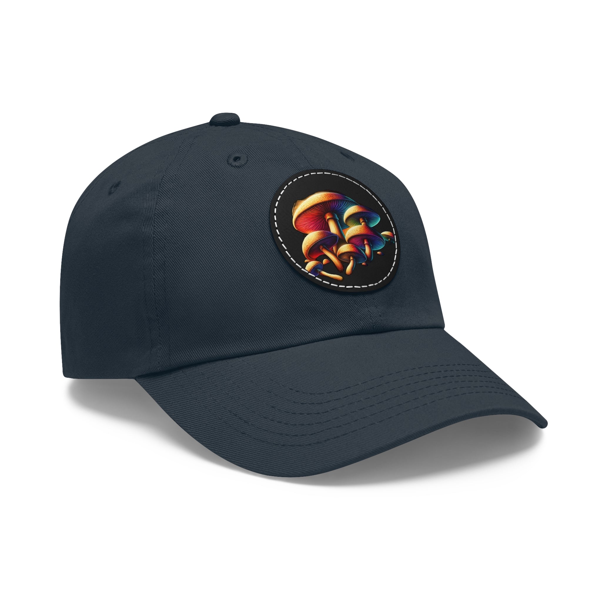 Mushroom Patch Dad Hat — Colorful Psychedelic Fungi Leather Patch Cap
