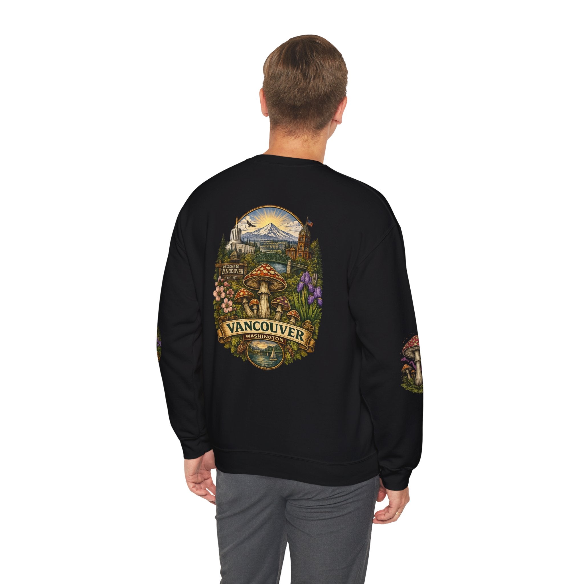 City:  Vancouver Crewneck Sweatshirt — Scenic Pacific Northwest Fungi Design