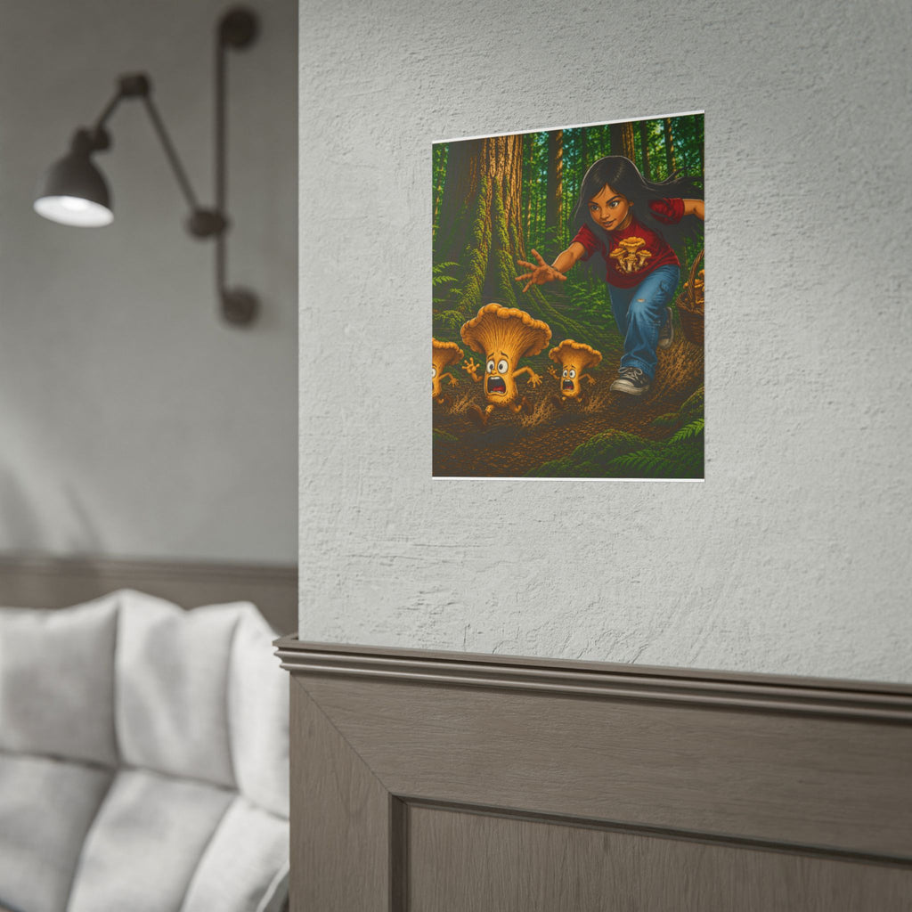 Rolled Poster: Girl Chasing Animated Mushrooms Forest Art Print