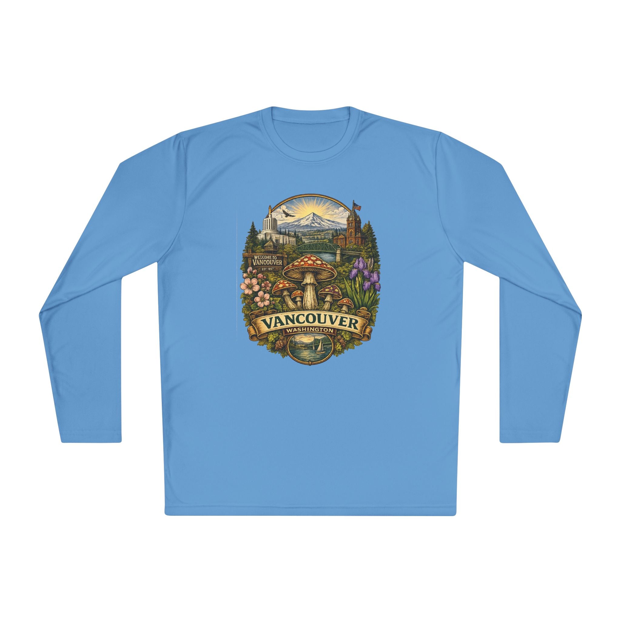 Vancouver Nature Long Sleeve Tee — Scenic Mountains & Mushroom Art