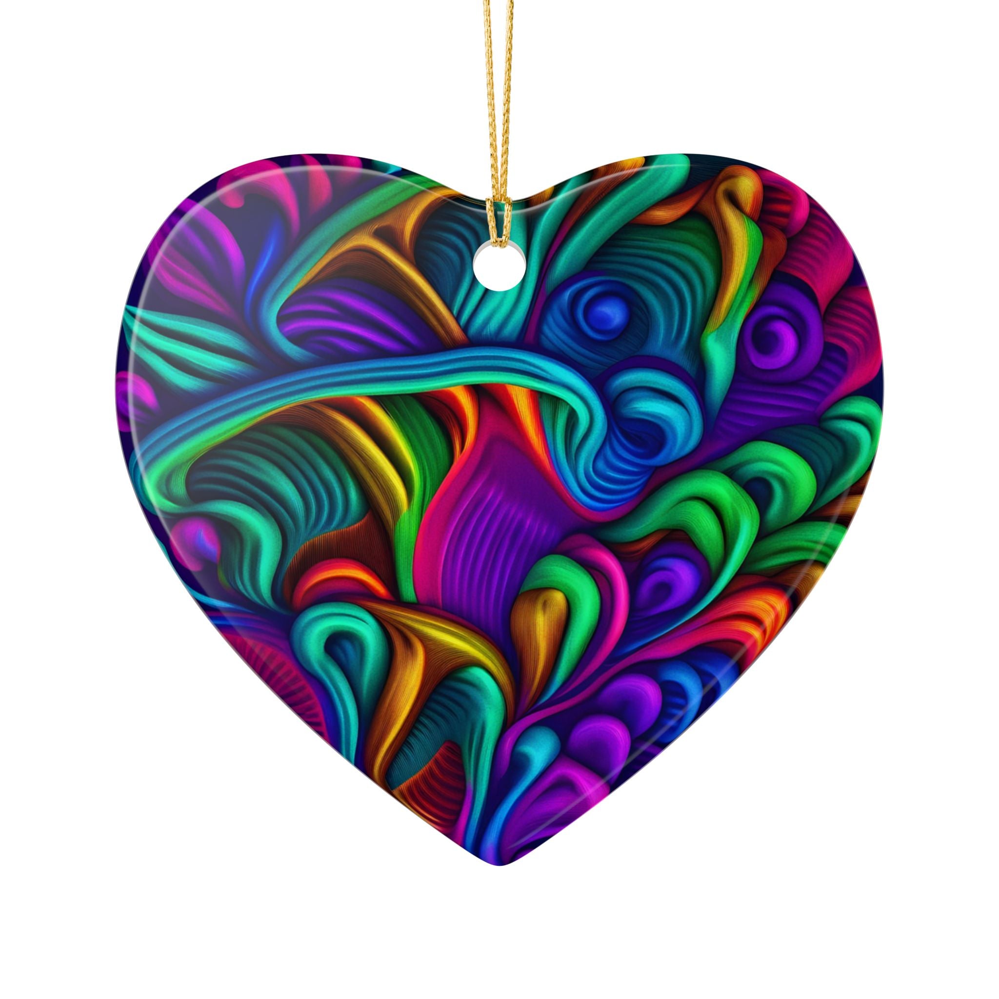 Ceramic Ornament: Heart Ceramic Ornament — Vibrant Abstract Rainbow Swirl Decoration