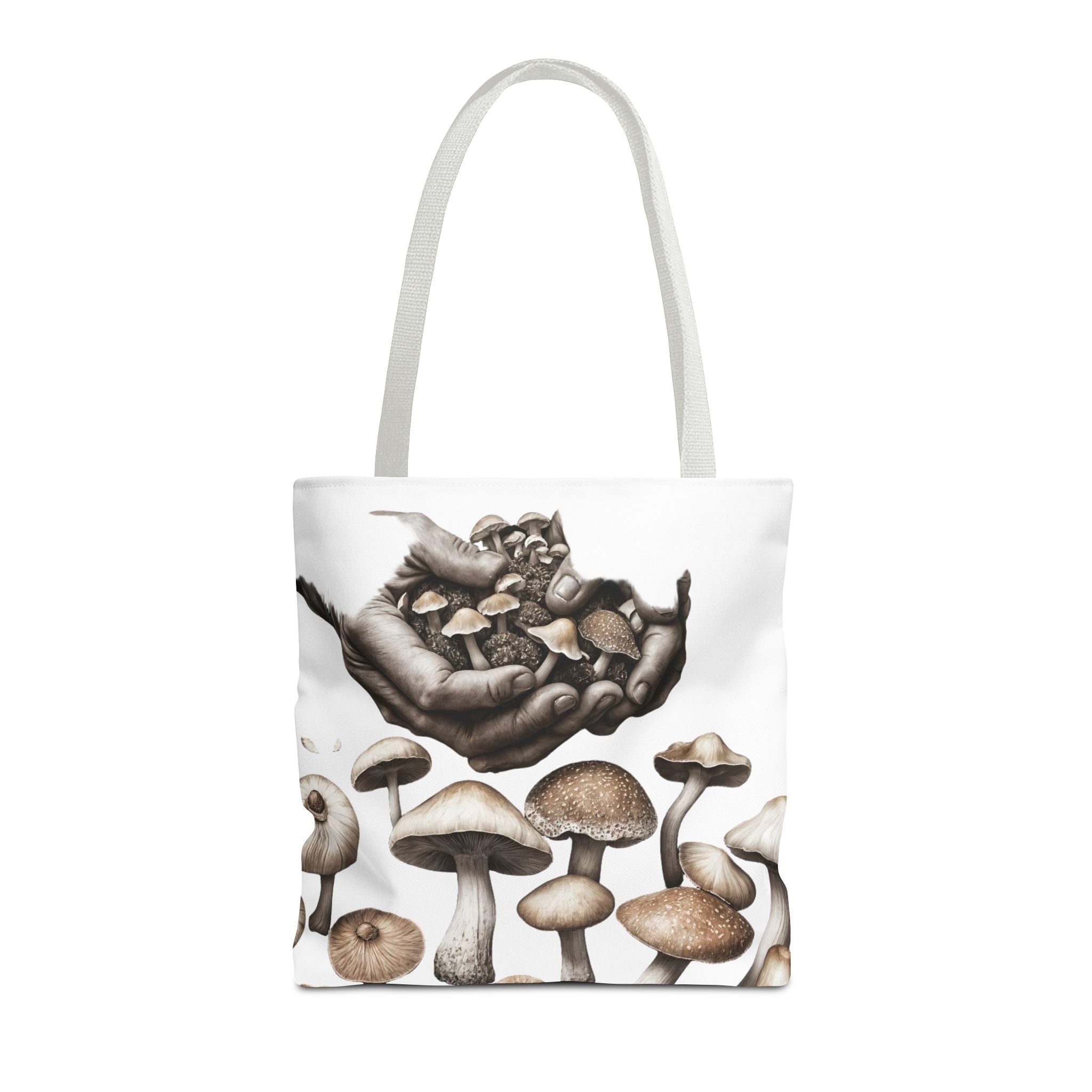 Mushroom Garden Tote Bag — Hand-Held Fungi Illustration All-Over Print