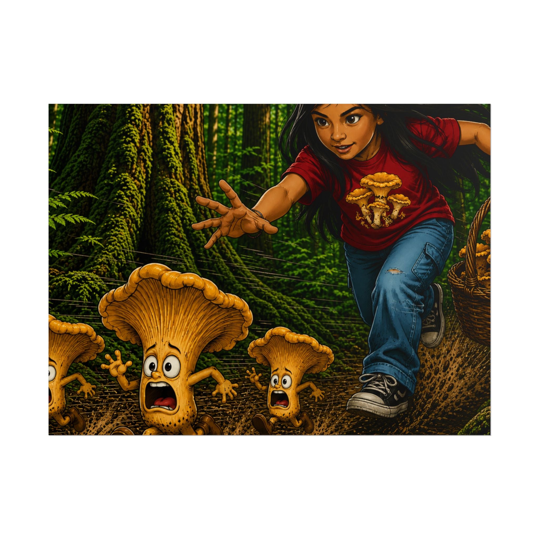 Rolled Poster: Girl Chasing Animated Mushrooms Forest Art Print