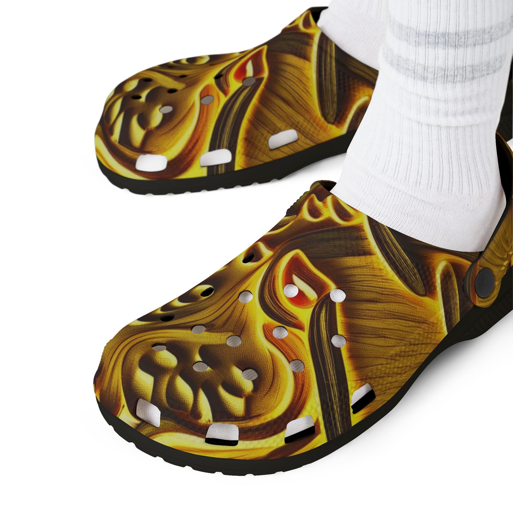 Golden Swirl EVA Foam Clogs — Abstract Metallic Pattern Slip-Ons