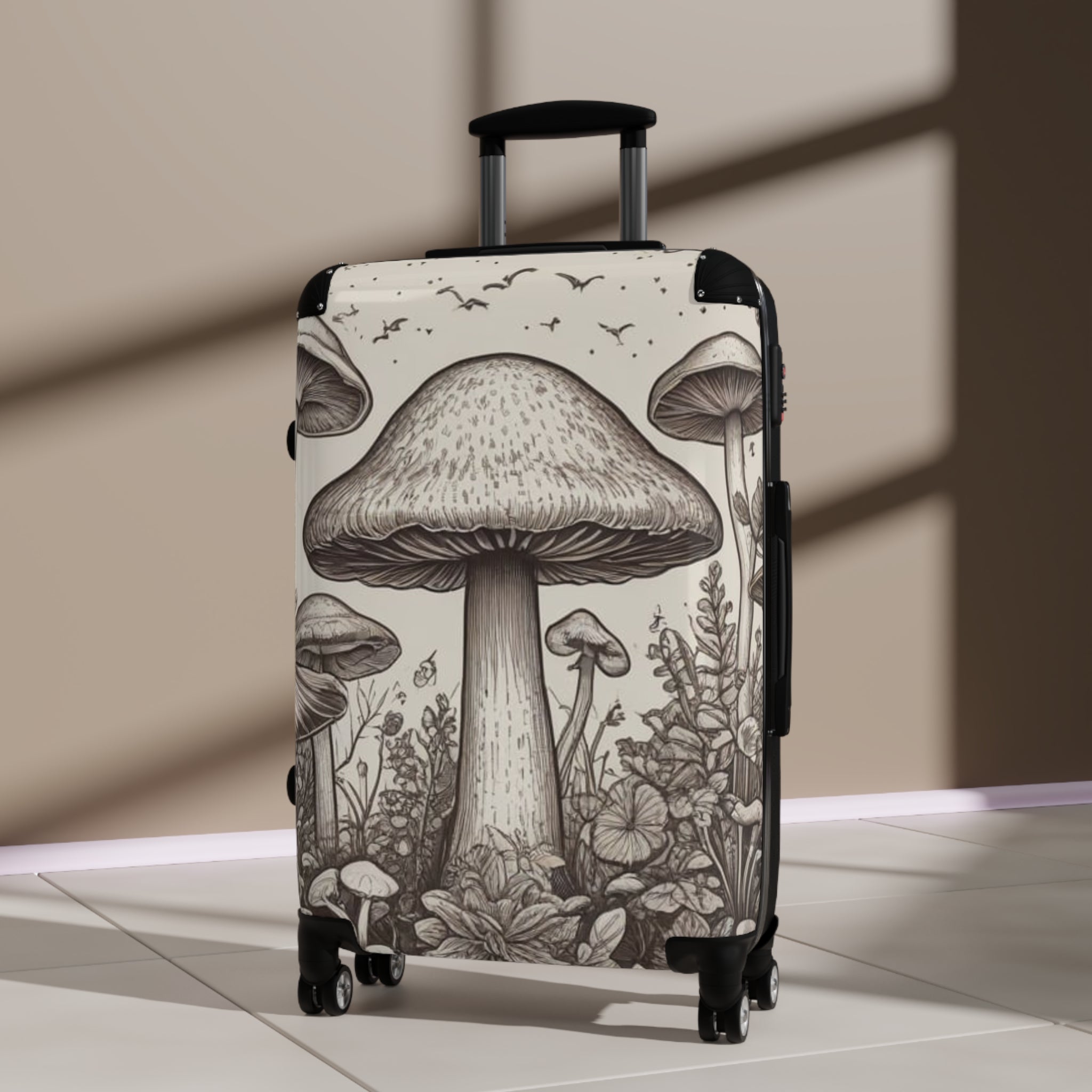 Mushroom Illustration Suitcase – Botanical Fungi Carry-On Luggage
