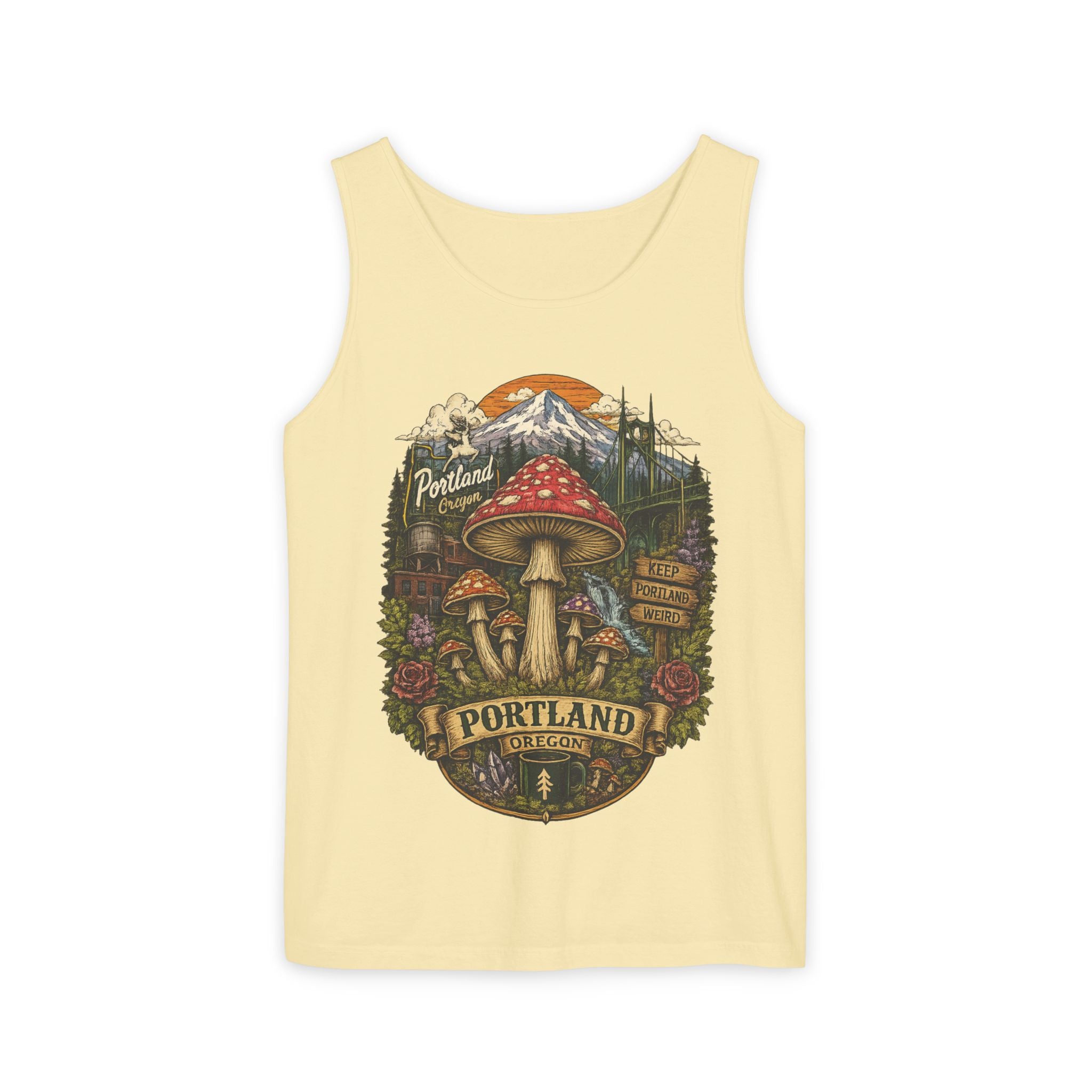 City: Portland Mushroom Tank Top — Vintage Forest Travel Graphic