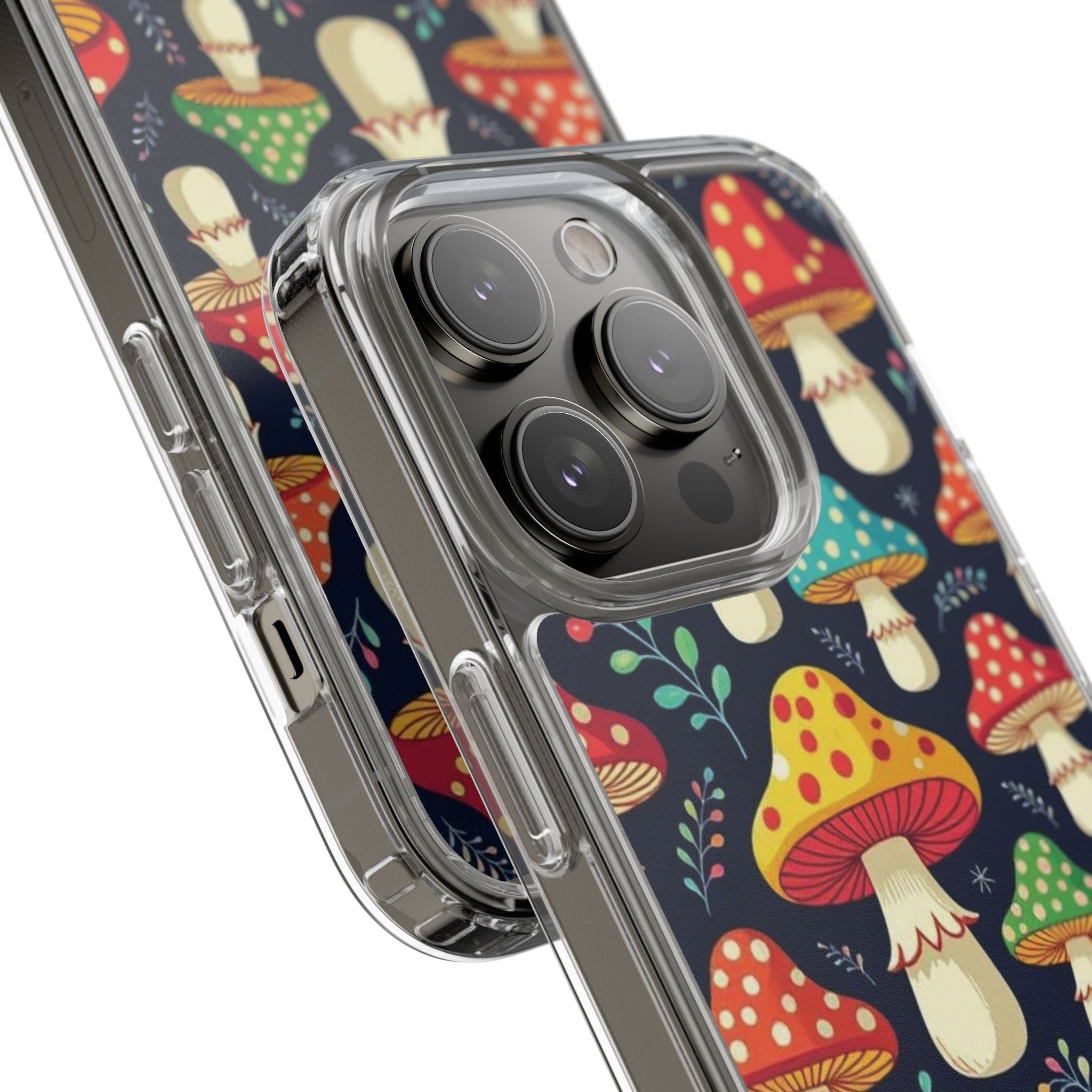 Phone Case: Mushroom Pattern Clear Phone Case — Colorful Toadstool Floral Design