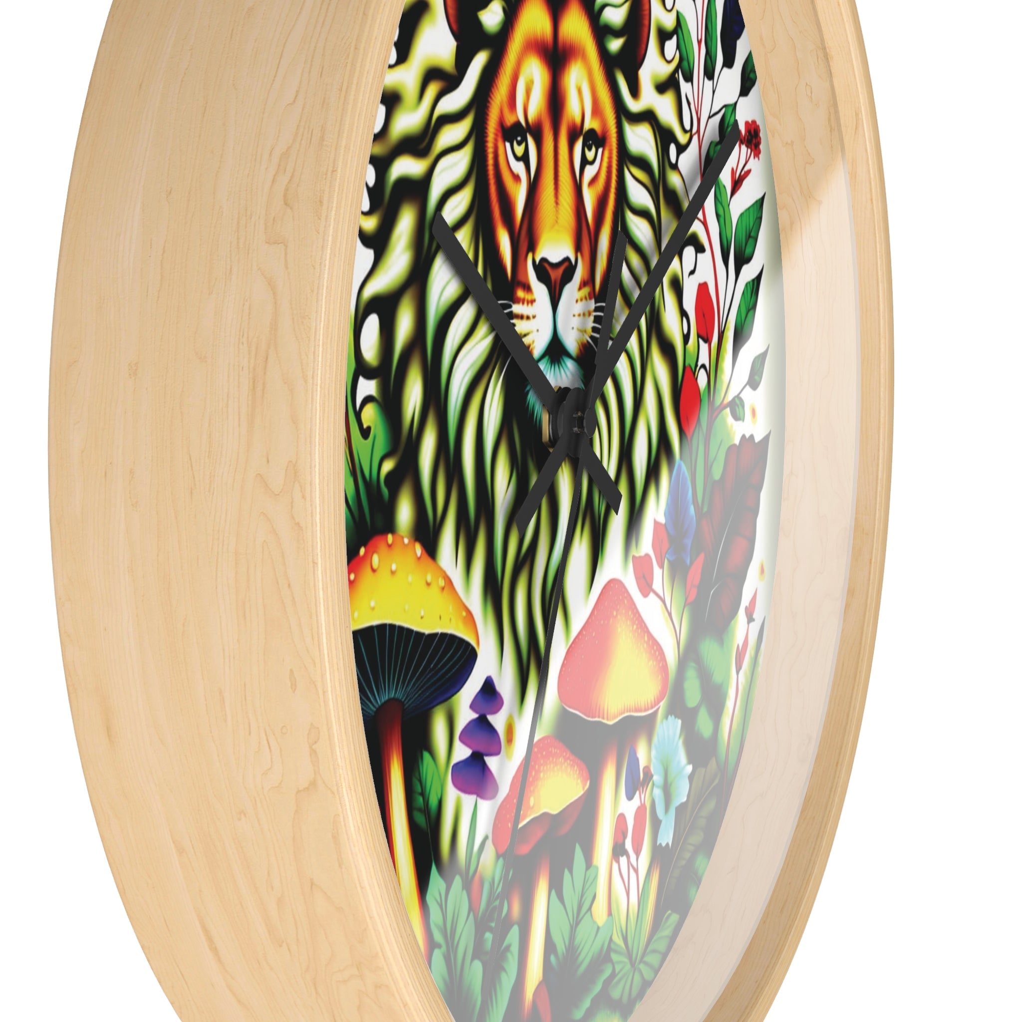Lion & Mushrooms Wall Clock — Colorful Botanical Animal Art Timepiece