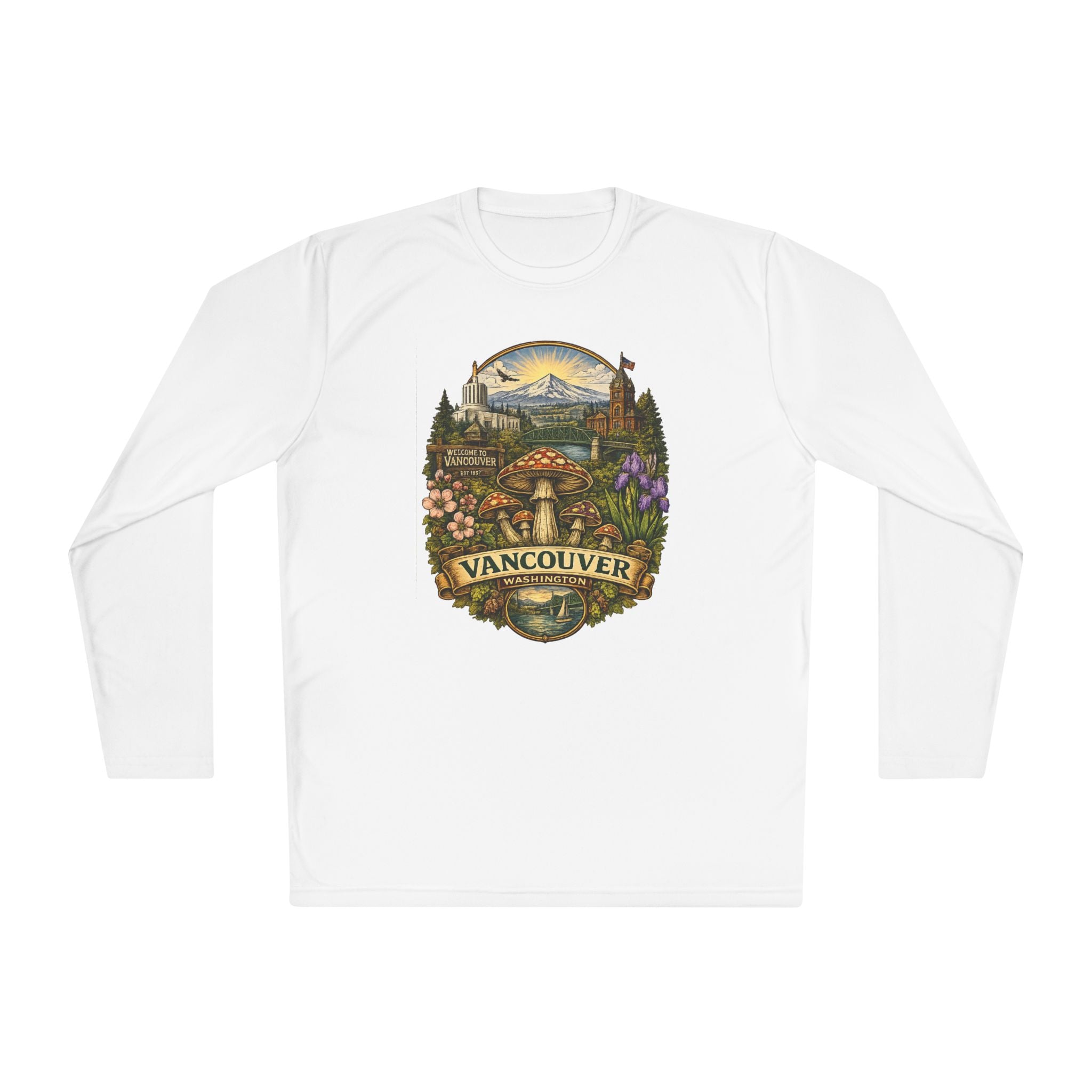Vancouver Nature Long Sleeve Tee — Scenic Mountains & Mushroom Art