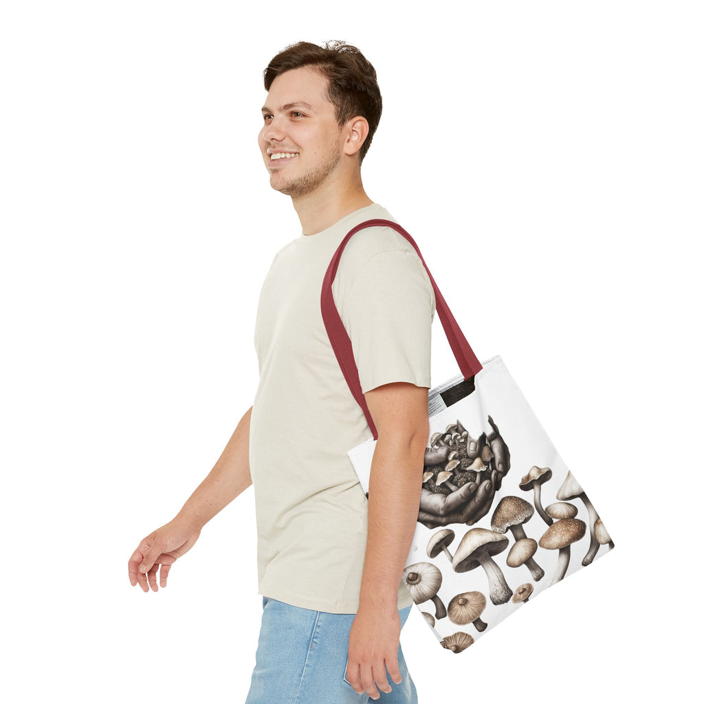Mushroom Garden Tote Bag — Hand-Held Fungi Illustration All-Over Print