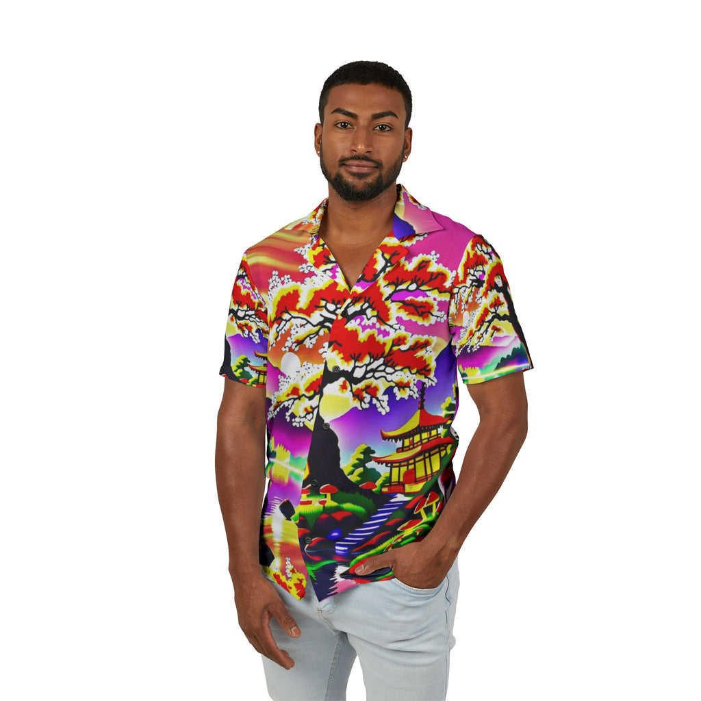 Camisa hawaiana de hombre — Estampado vibrante de neón de cerezos en flor