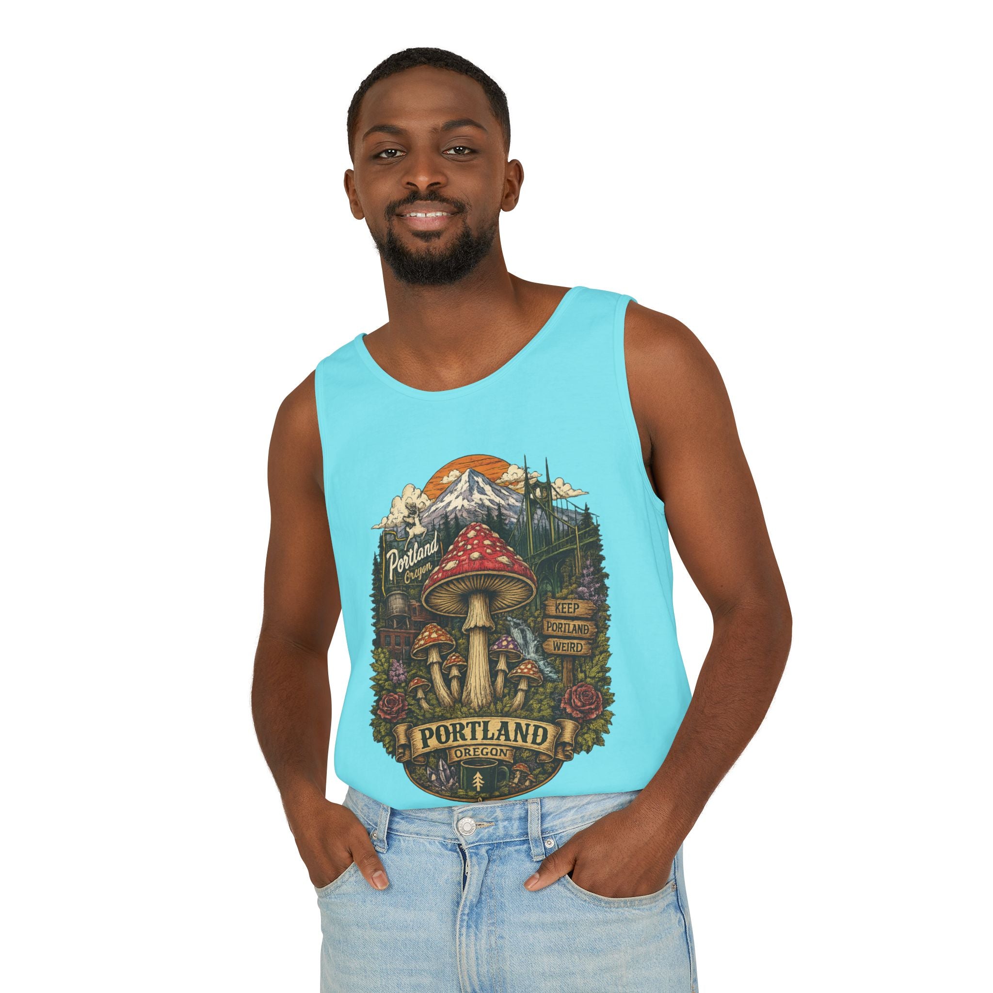 City: Portland Mushroom Tank Top — Vintage Forest Travel Graphic