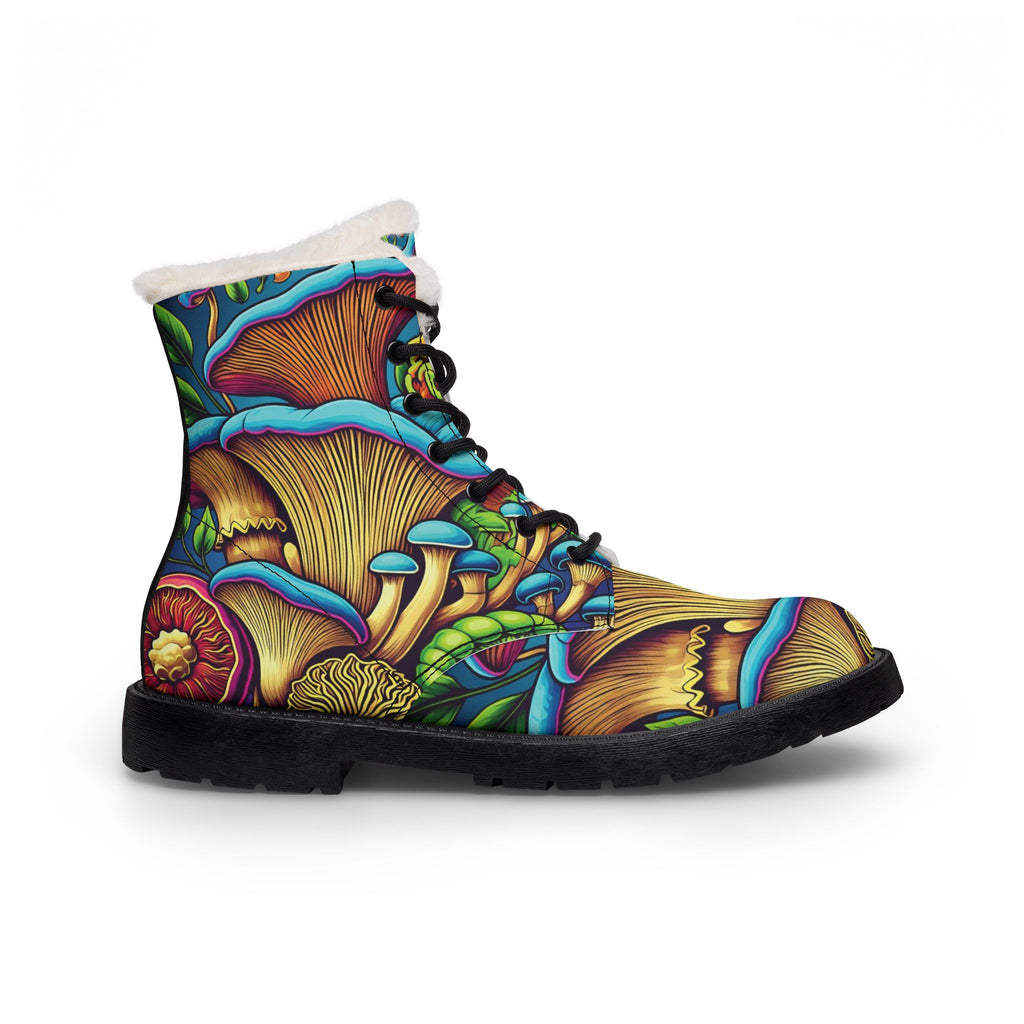 Women's Fur-Lined Leather Boots — Colorful Psychedelic Mushroom Print