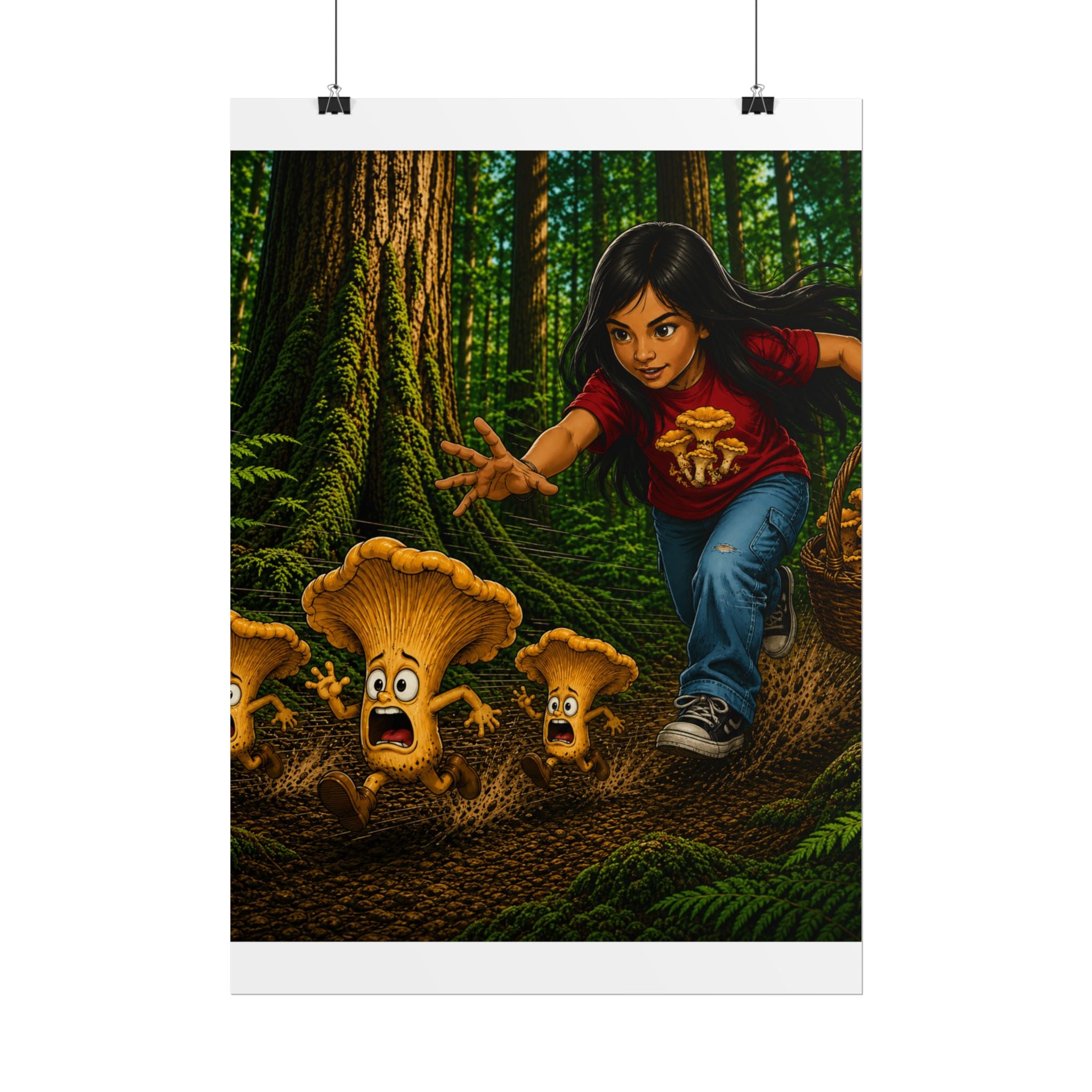 Rolled Poster: Girl Chasing Animated Mushrooms Forest Art Print