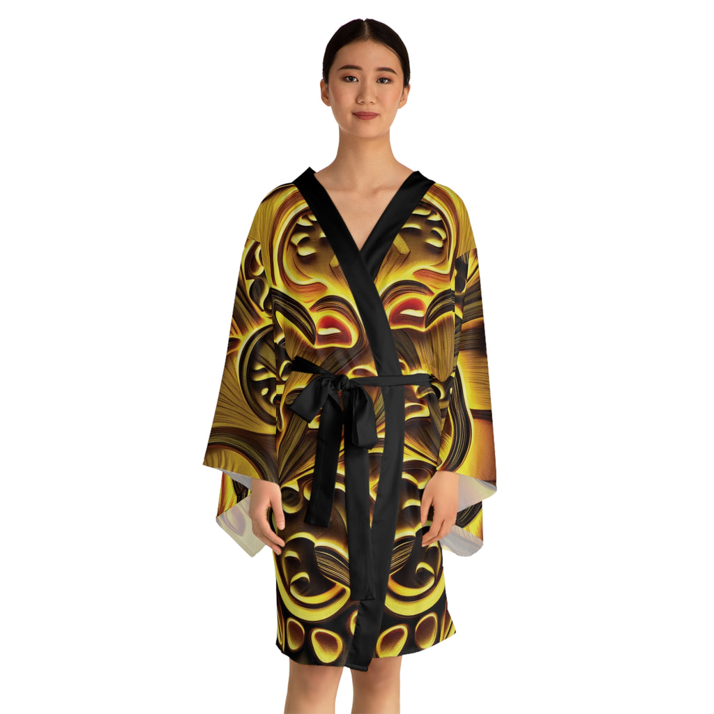 Kimono Robe: Gold Floral Kimono Robe — Decorative All-Over Print Long Sleeve