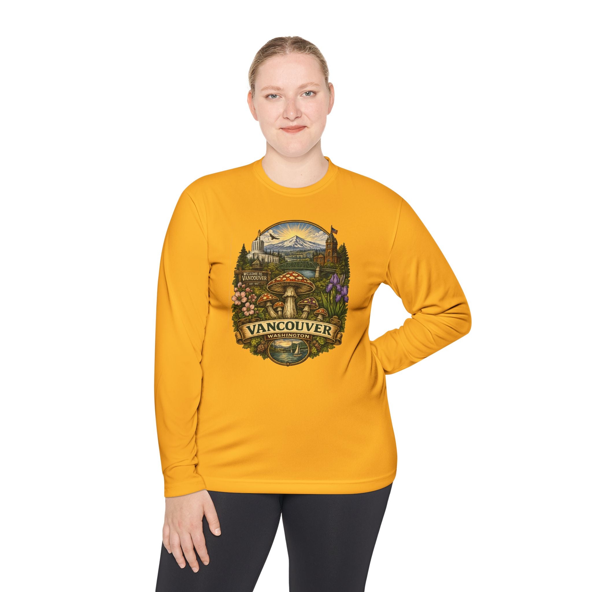 Vancouver Nature Long Sleeve Tee — Scenic Mountains & Mushroom Art