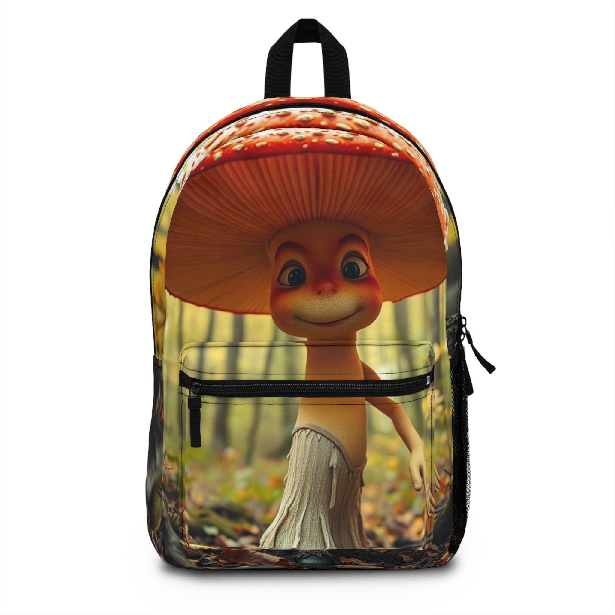 Meet Shroomie—Your New Best Backpack Buddy with a joyful mushroom character and a vibrant toadstool cap.
