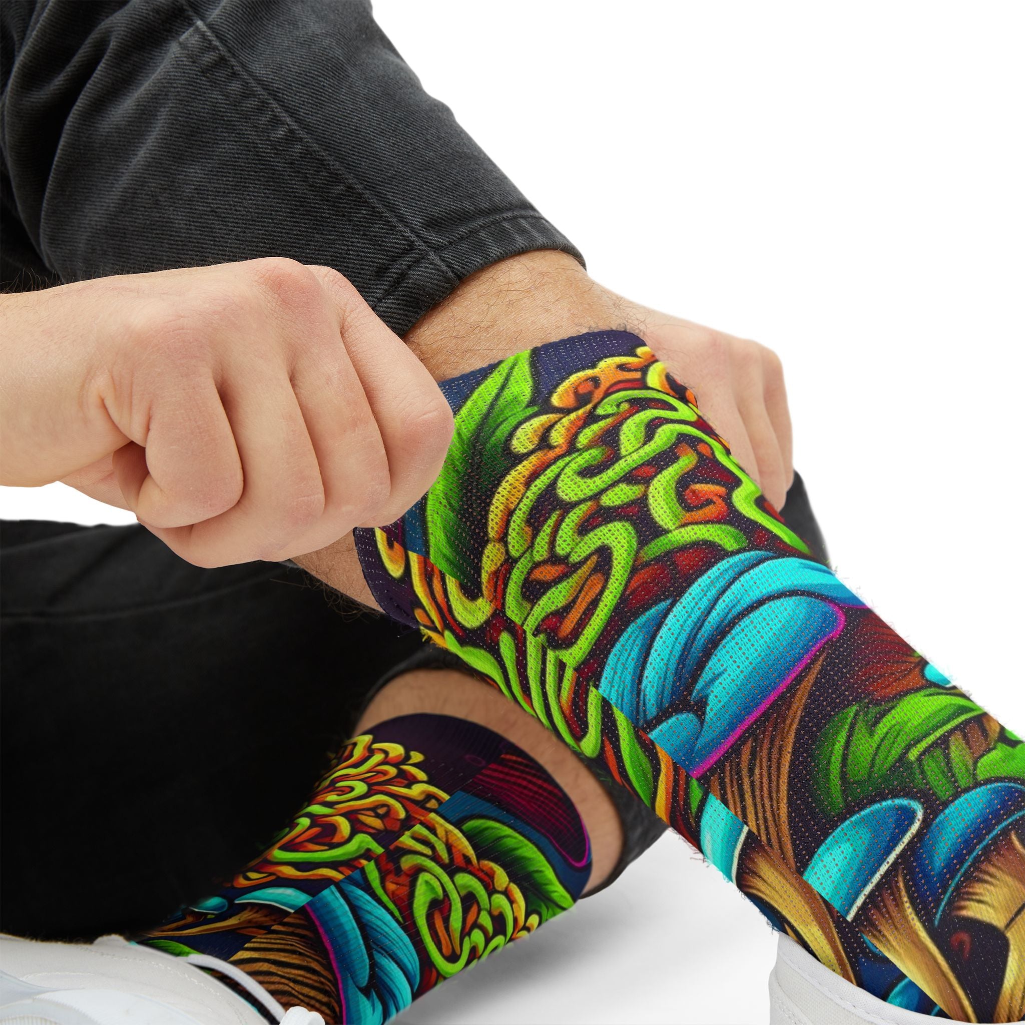 Socks: Psychedelic Mushroom Socks — Vibrant Green Fungi Sublimation Crew Socks