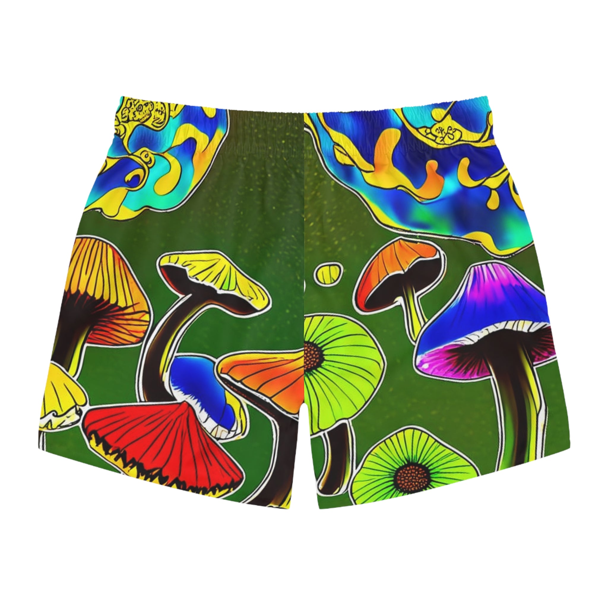Psychedelic Mushroom Swim Trunks – Rainbow Fungi All-Over Print Beach Shorts