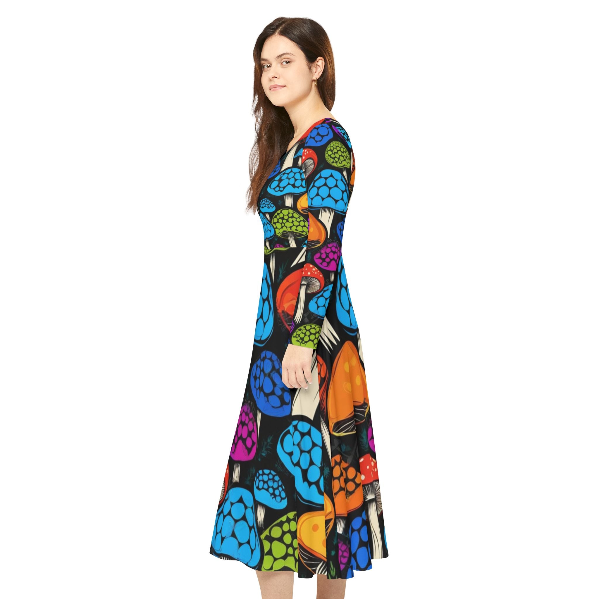 Mushroom Print Long Sleeve Dance Dress – Colorful Psychedelic Fungi AOP