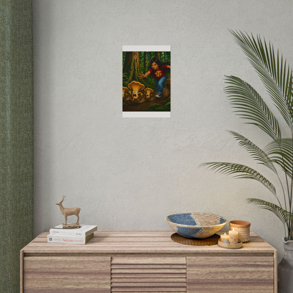 Rolled Poster: Girl Chasing Animated Mushrooms Forest Art Print