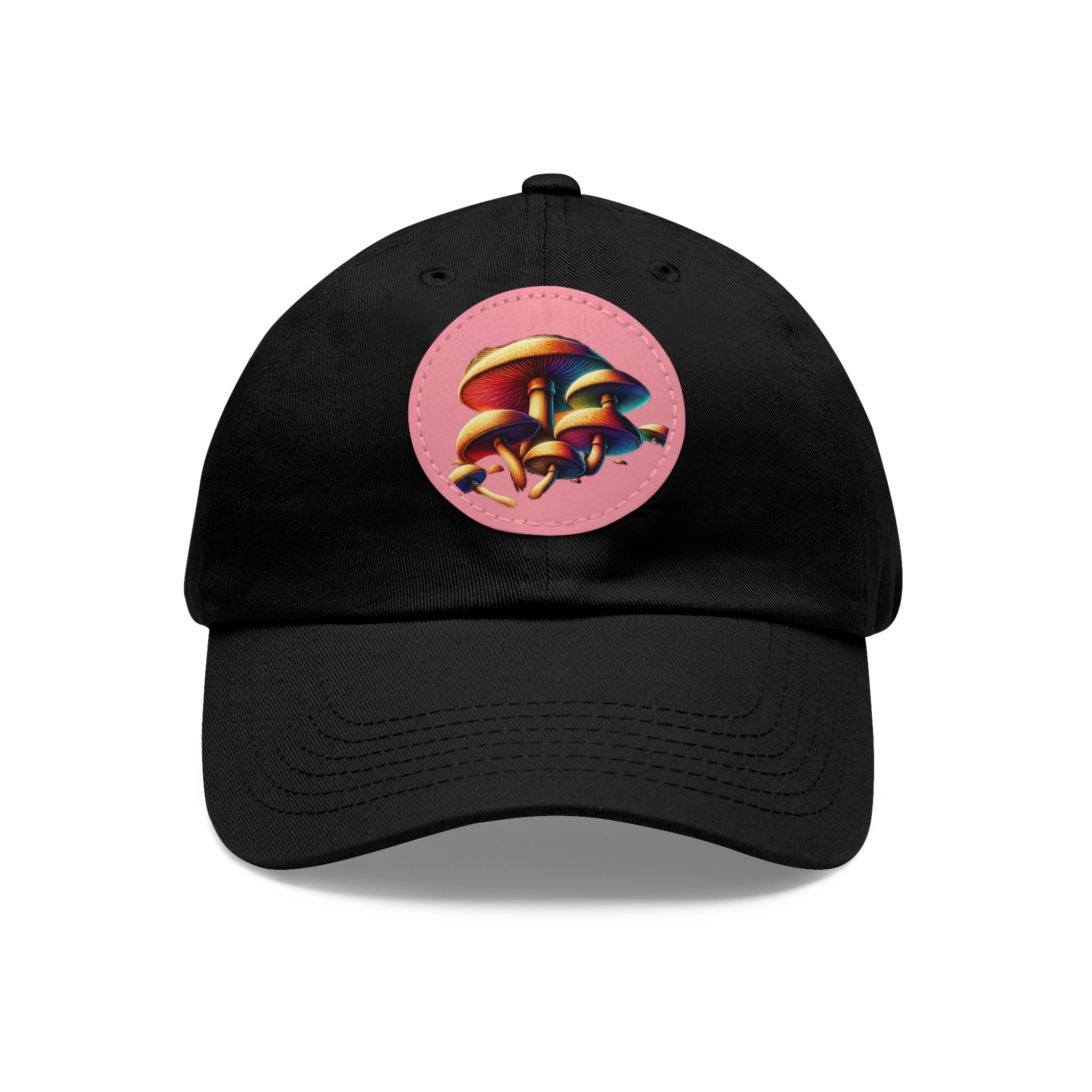 Mushroom Patch Dad Hat — Colorful Psychedelic Fungi Leather Patch Cap