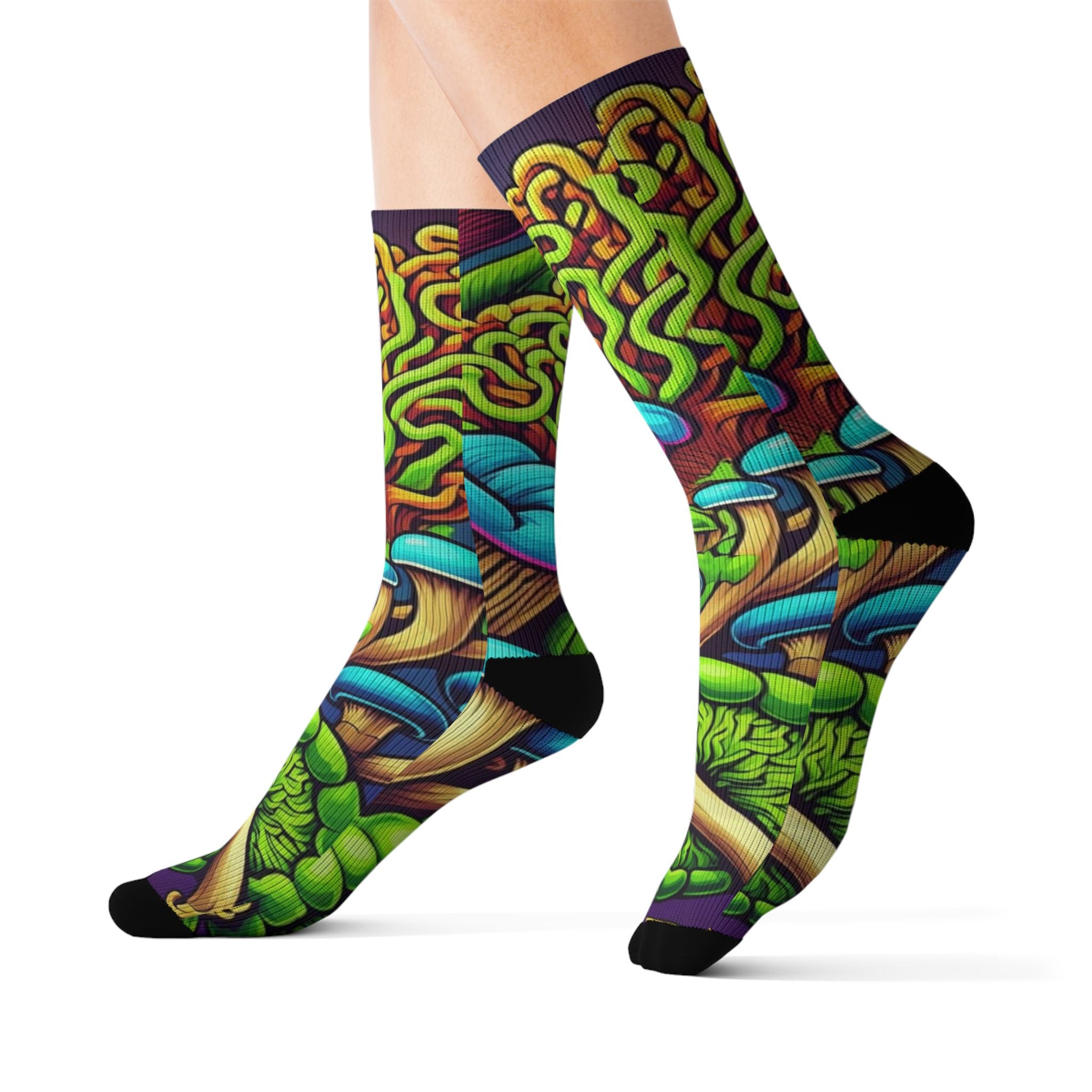 Socks: Psychedelic Mushroom Socks — Vibrant Green Fungi Sublimation Crew Socks