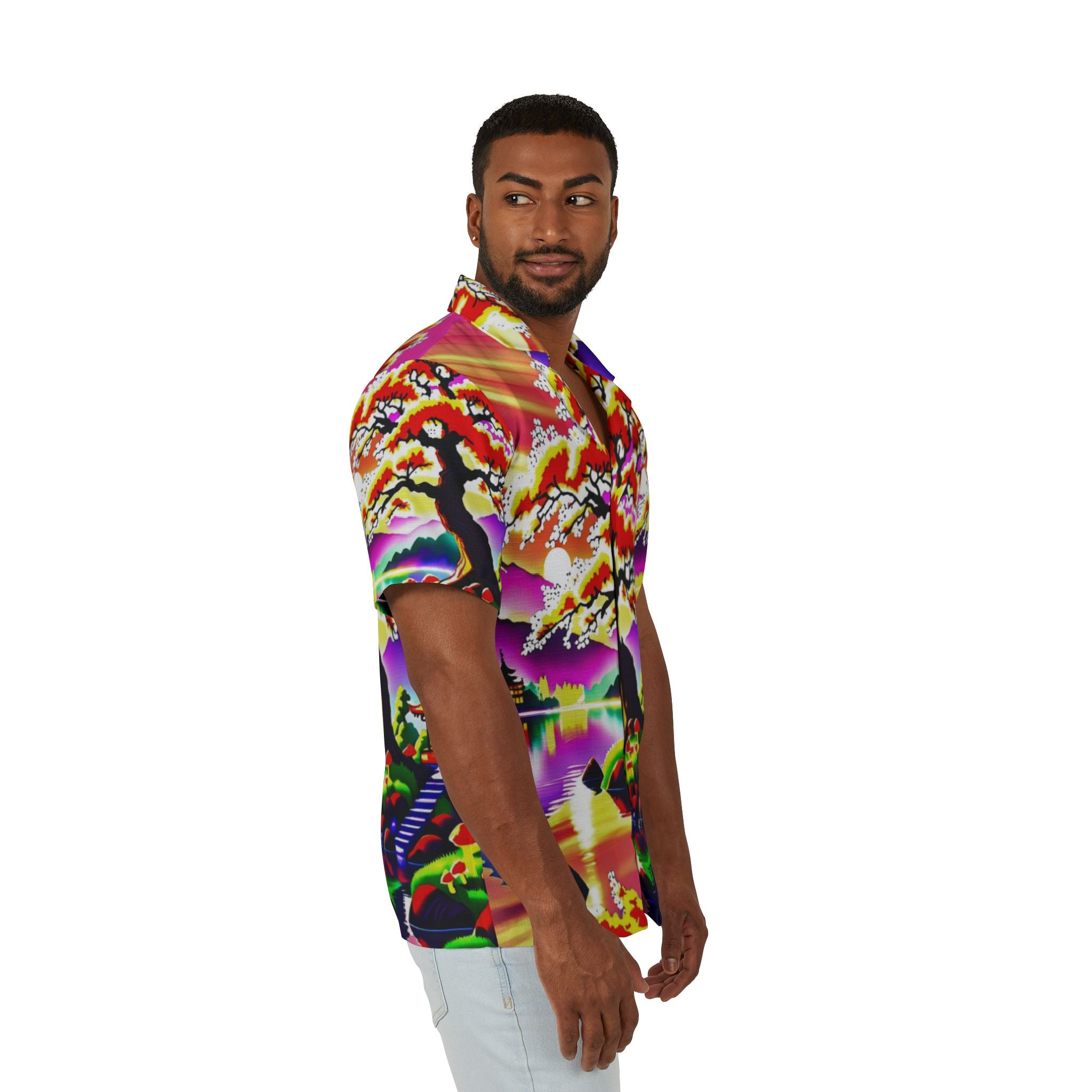 Men's Hawaiian Shirt — Vibrant Neon Sakura Island Print