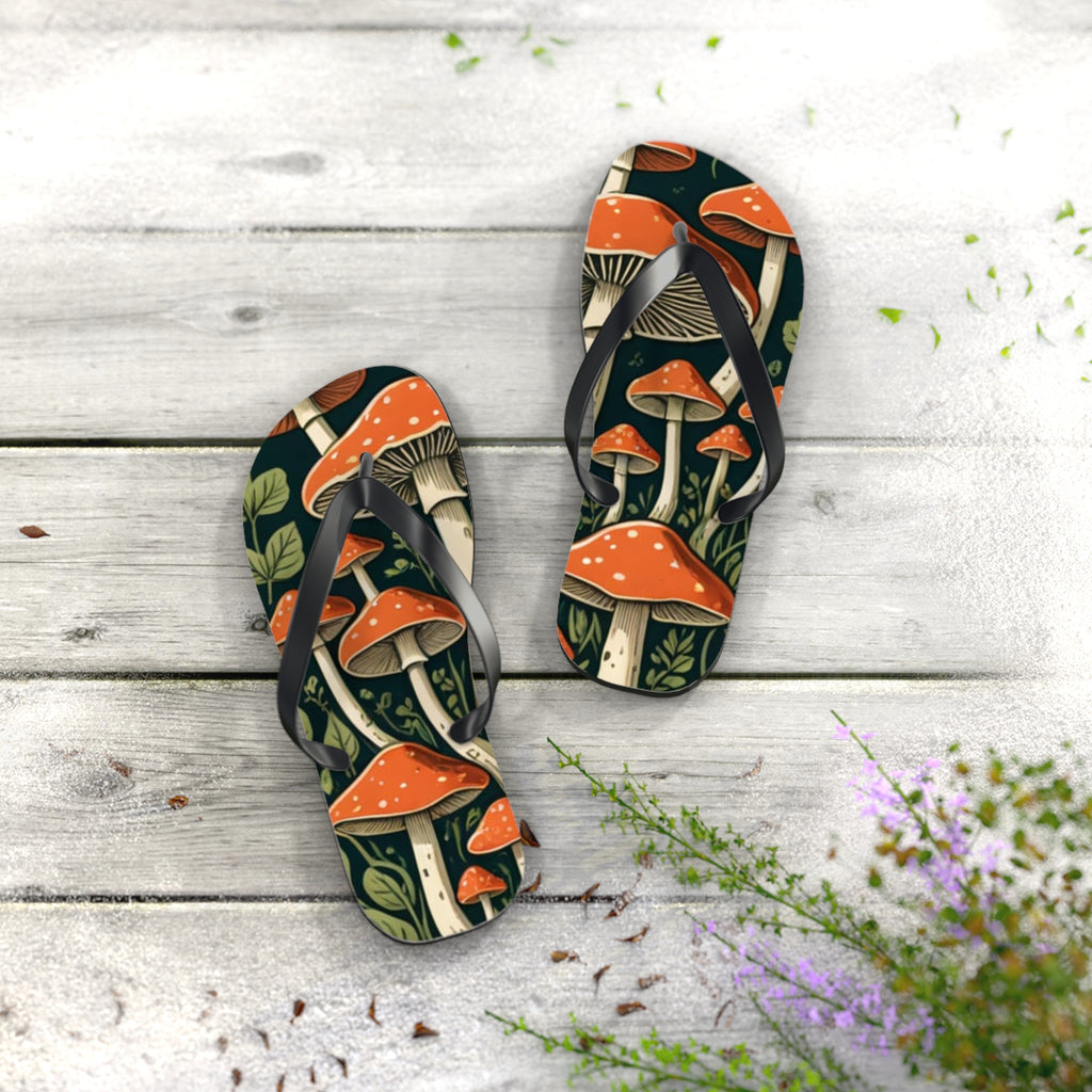 Mushroom Print Flip Flops — Vintage Toadstool Beach Sandals