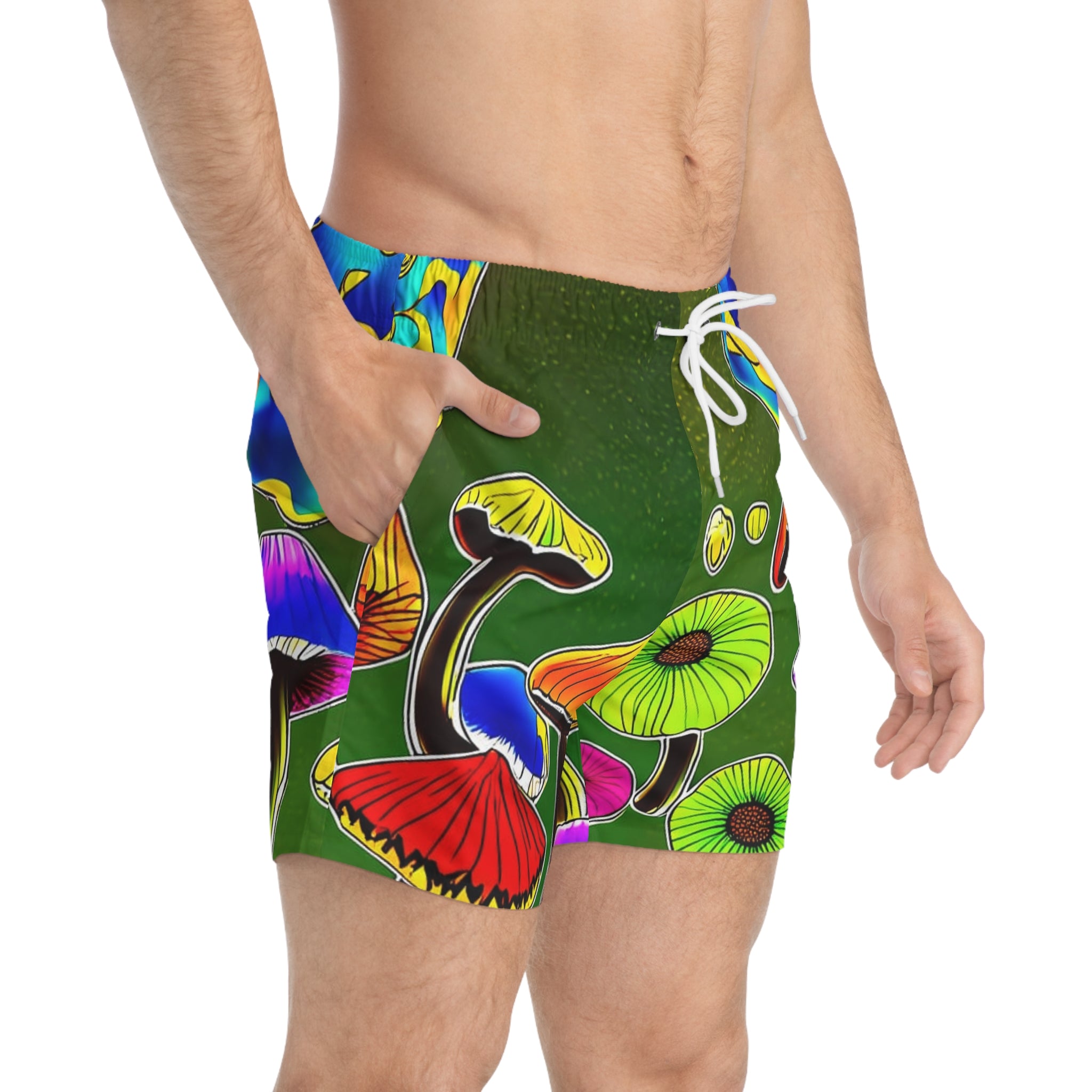 Psychedelic Mushroom Swim Trunks – Rainbow Fungi All-Over Print Beach Shorts
