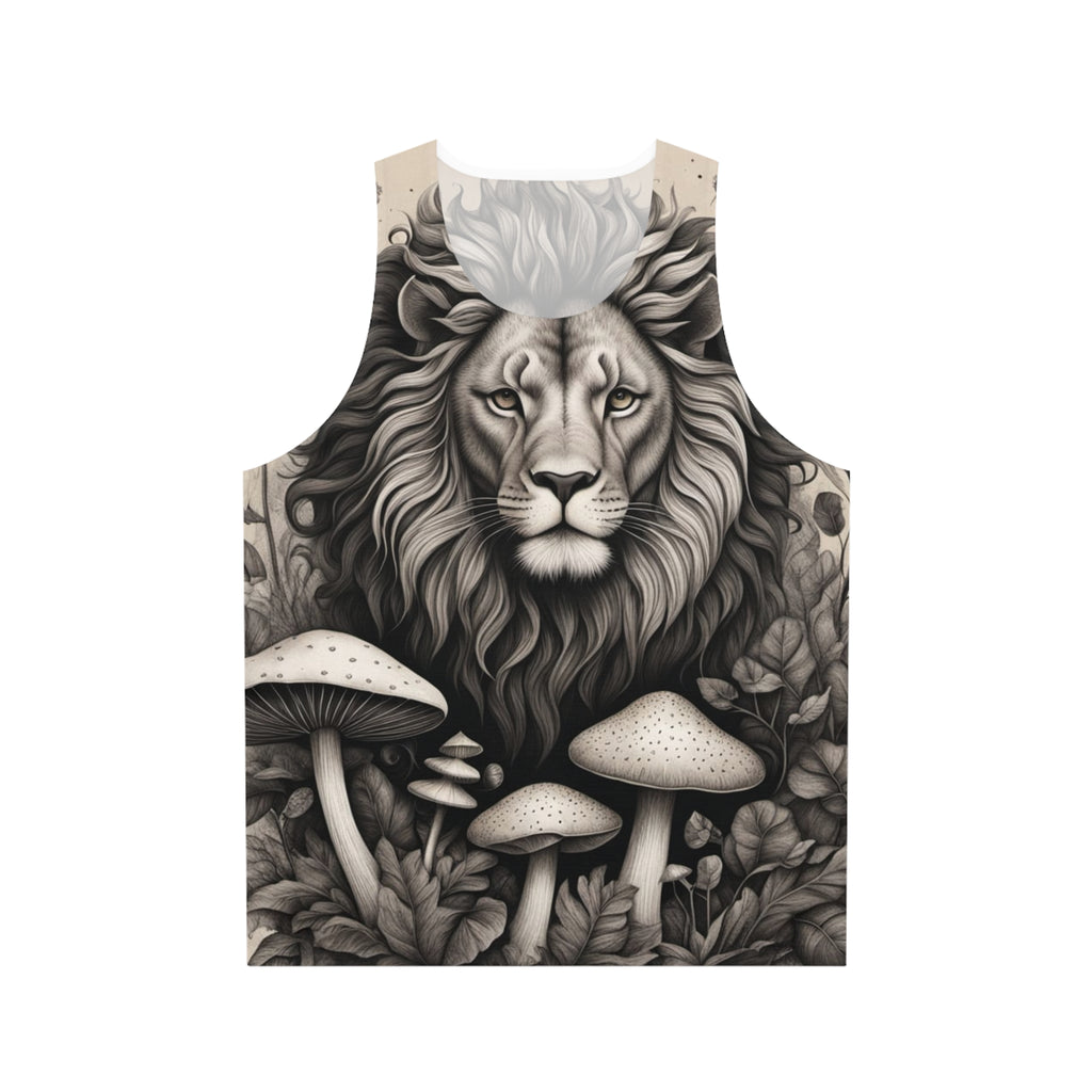 Camiseta sin mangas con estampado integral de león y setas — Vibras de bosque majestuoso monocromático