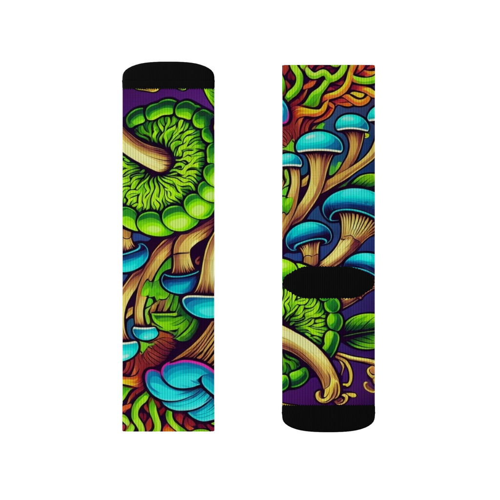 Socks: Psychedelic Mushroom Socks — Vibrant Green Fungi Sublimation Crew Socks