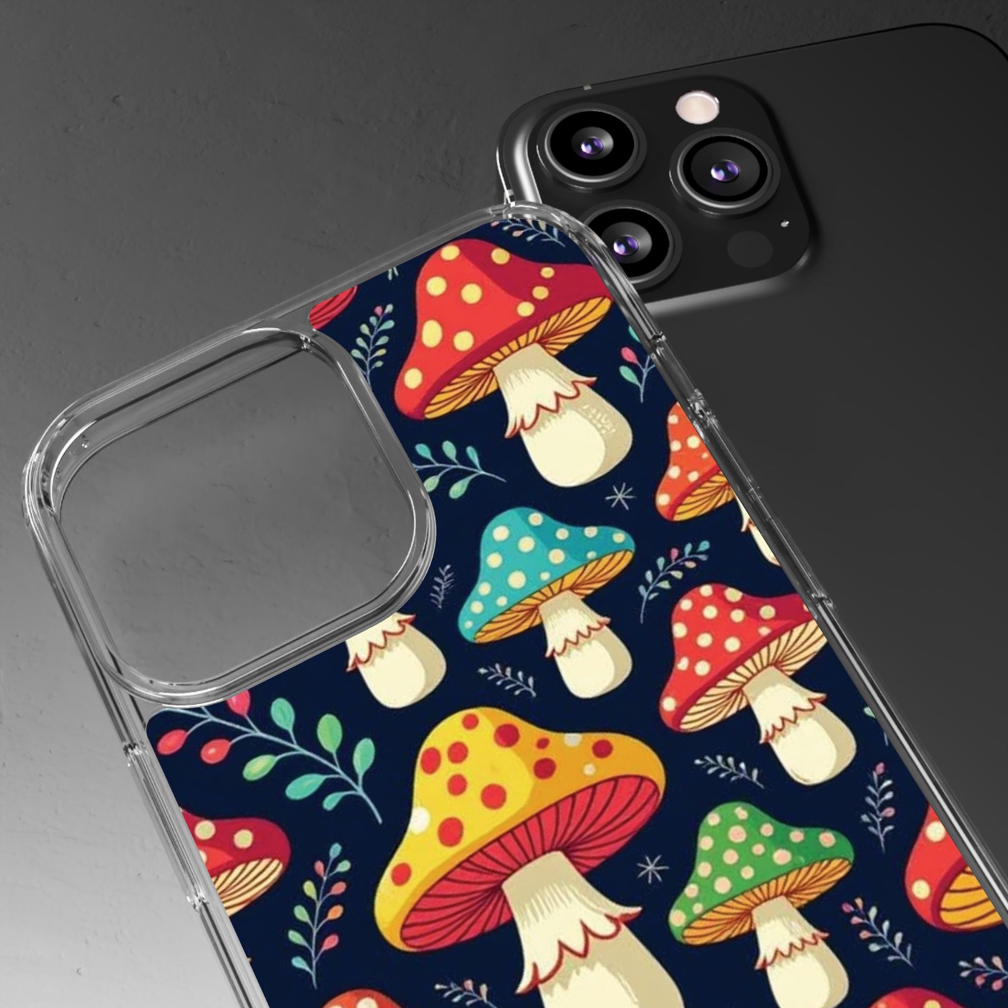 Phone Case: Mushroom Pattern Clear Phone Case — Colorful Toadstool Floral Design