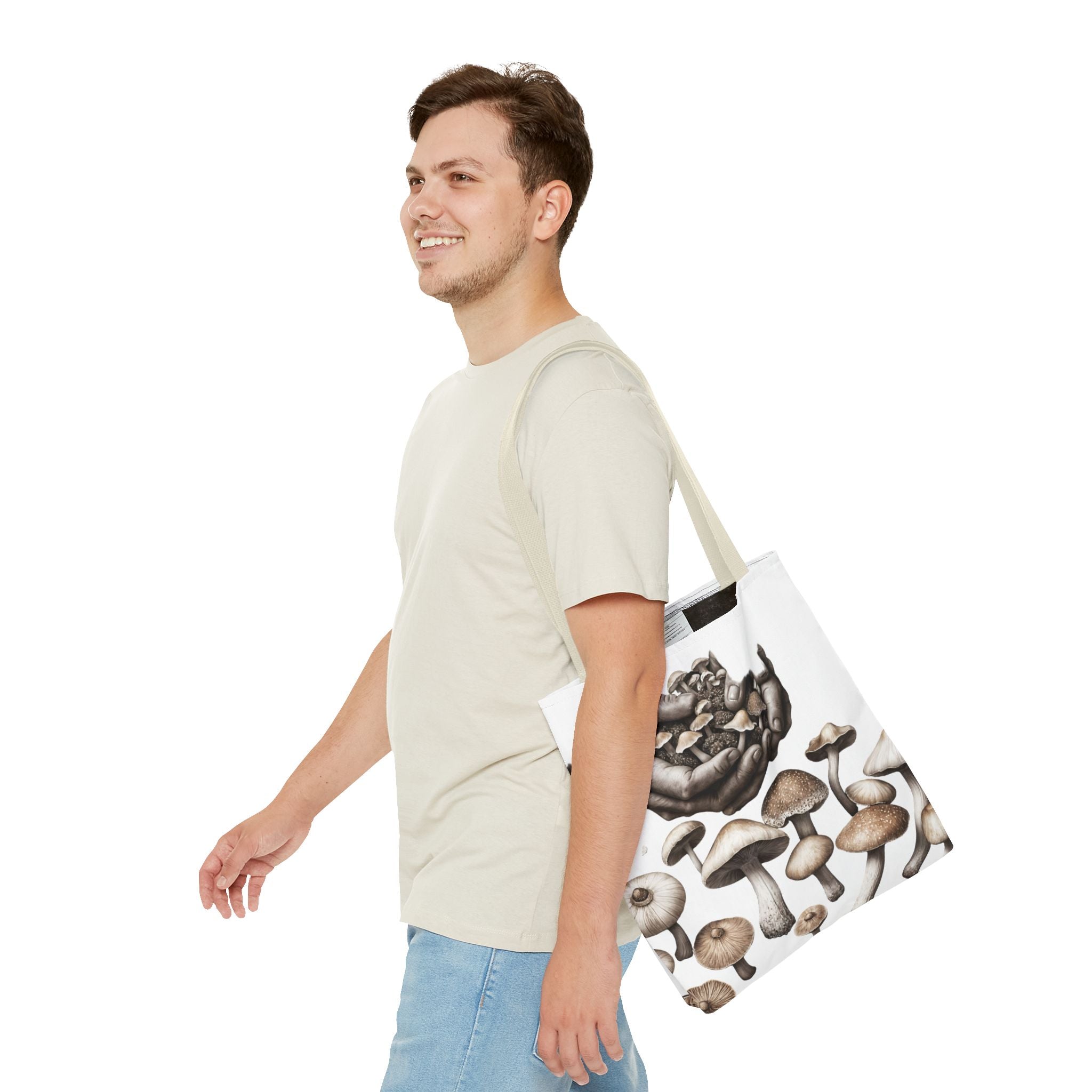 Mushroom Garden Tote Bag — Hand-Held Fungi Illustration All-Over Print