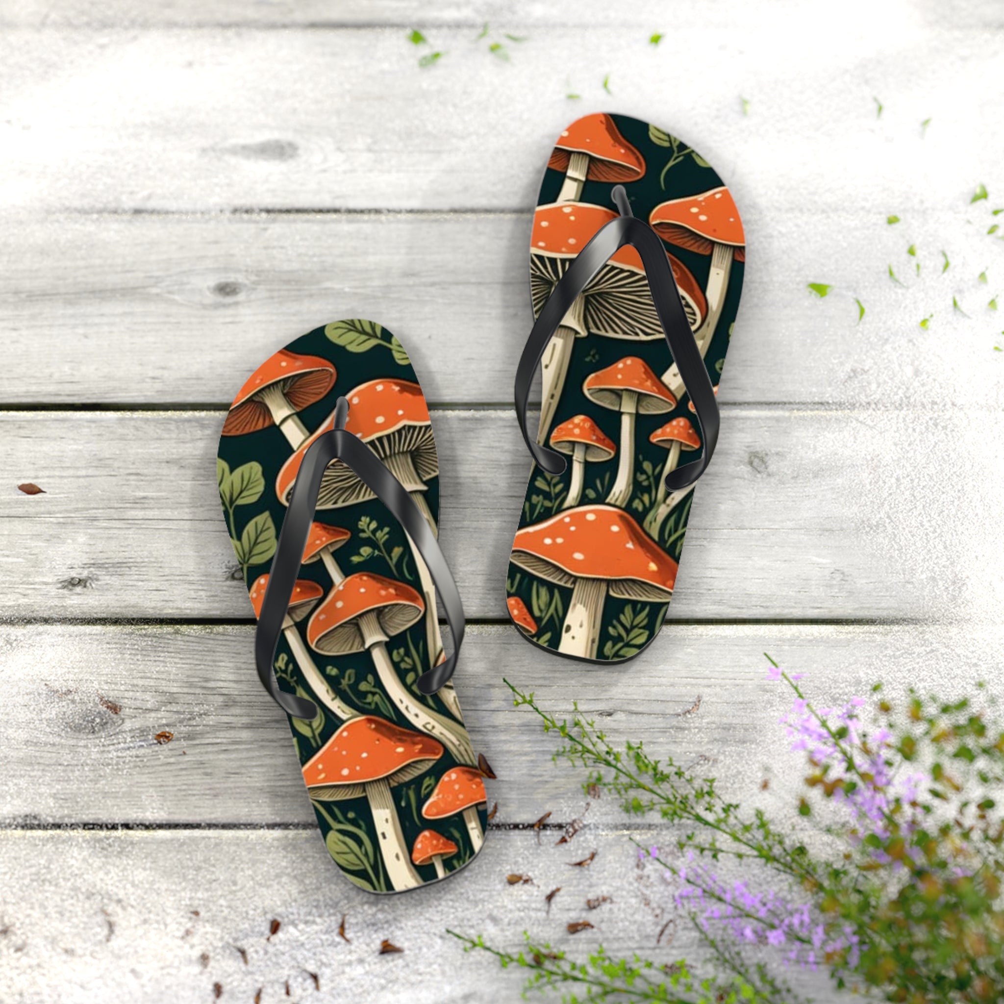 Mushroom Print Flip Flops — Vintage Toadstool Beach Sandals
