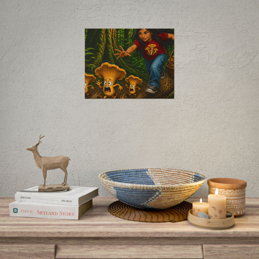 Rolled Poster: Girl Chasing Animated Mushrooms Forest Art Print