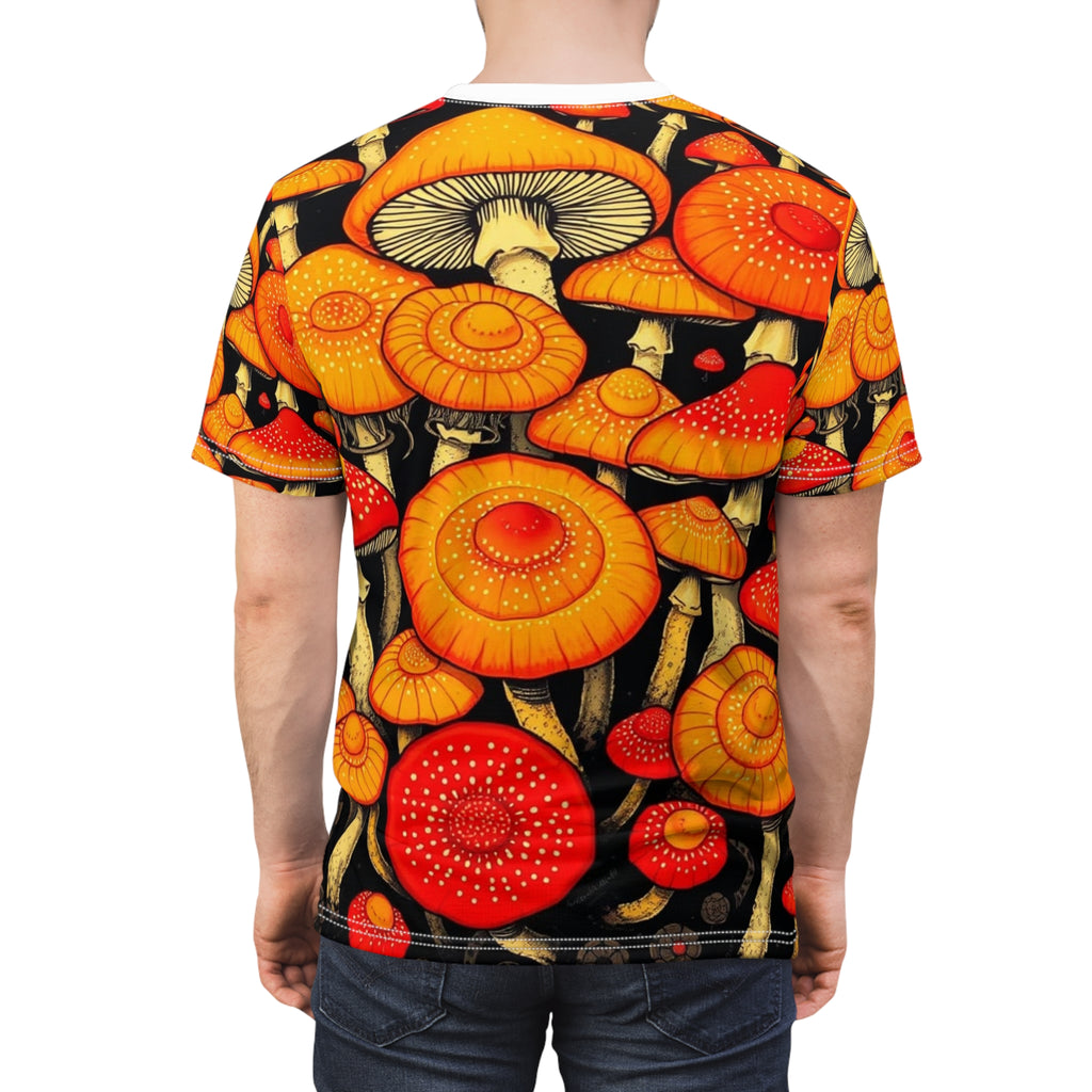 Camiseta con estampado completo de hongos psicodélicos anaranjados