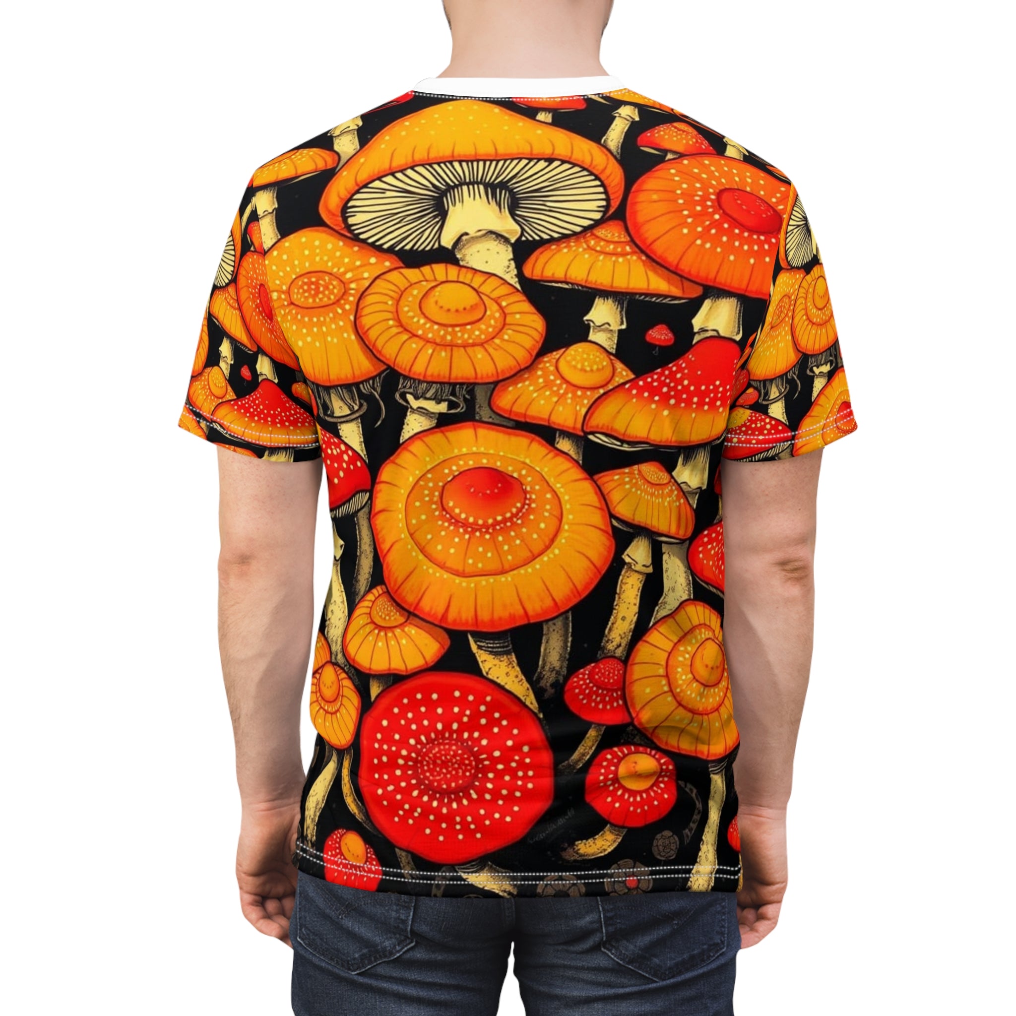 Camiseta con estampado completo de hongos psicodélicos anaranjados