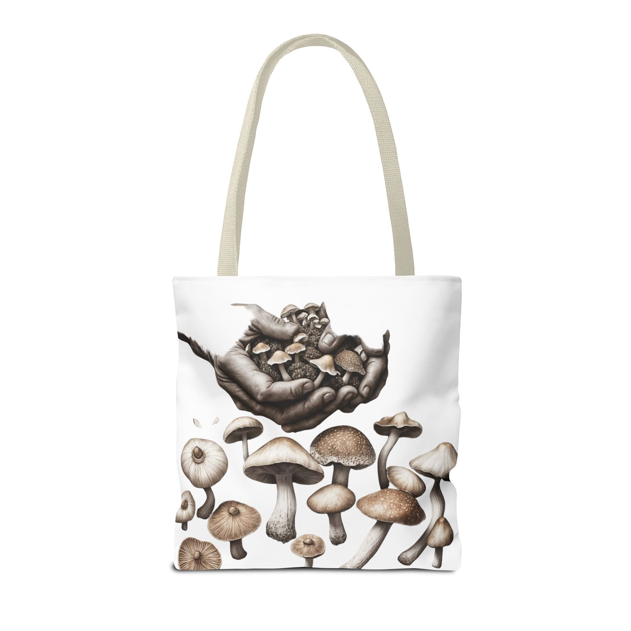Mushroom Garden Tote Bag — Hand-Held Fungi Illustration All-Over Print