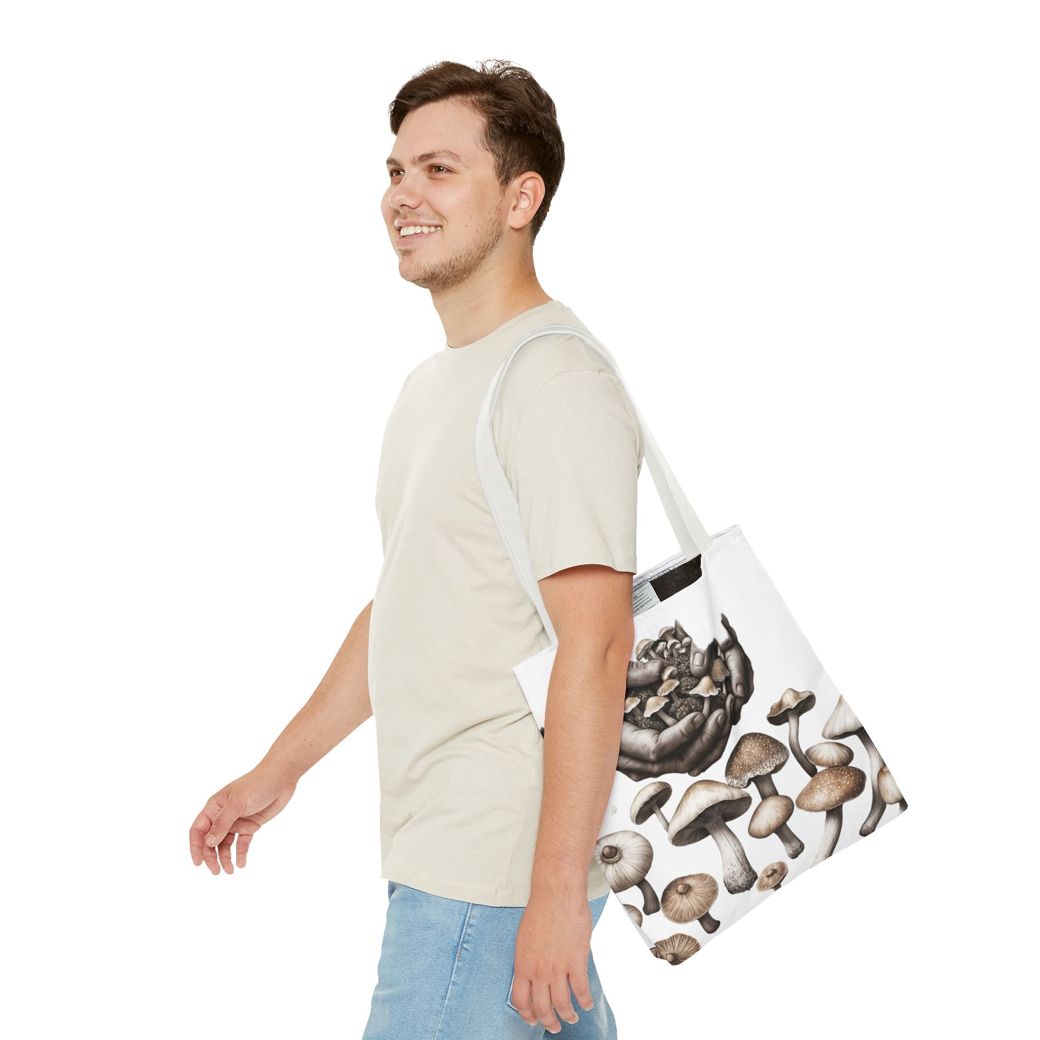 Mushroom Garden Tote Bag — Hand-Held Fungi Illustration All-Over Print