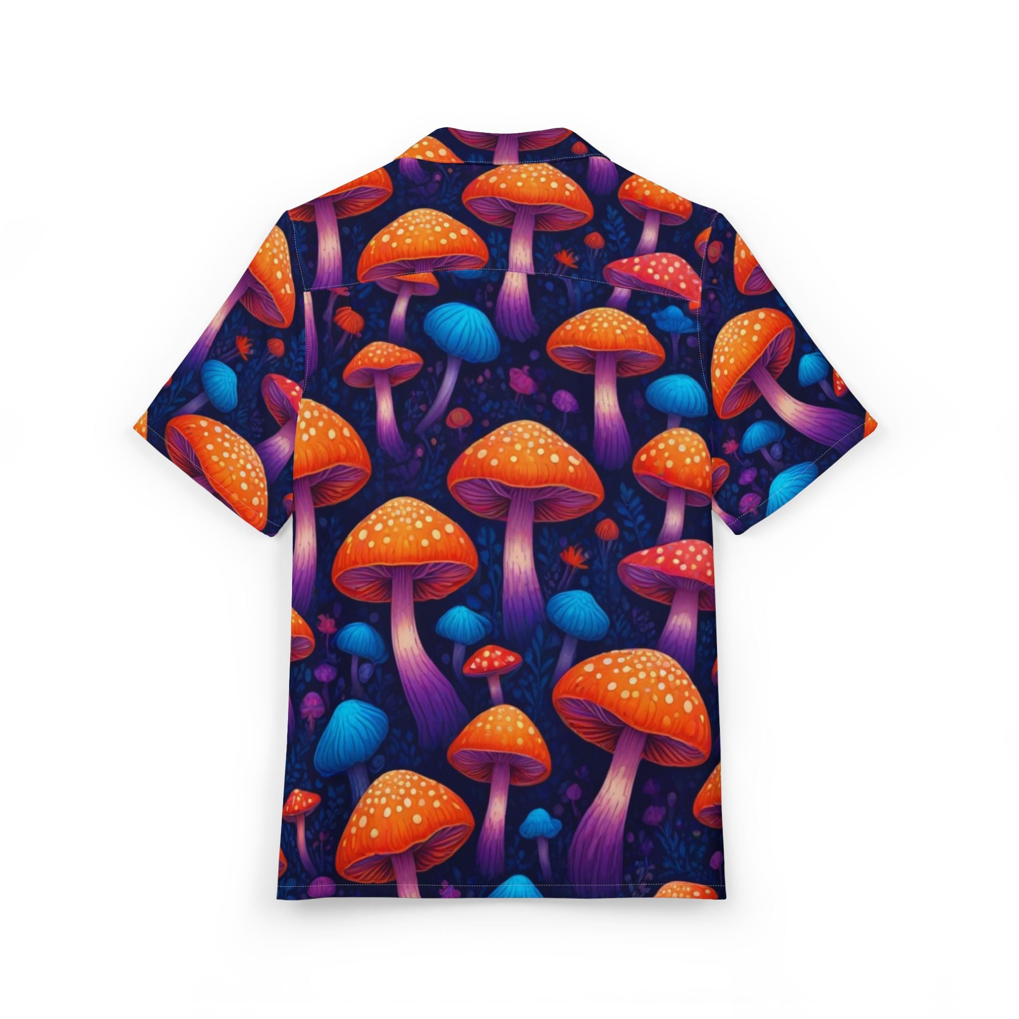 Camisa Hawaiana de Hongos Psicodélicos — Abotonada Naranja Neón y Morado AOP