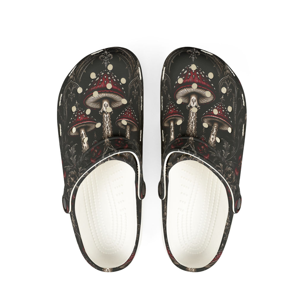 Clogs: Mushroom Garden EVA Foam Clogs — Whimsical Red Toadstool Print