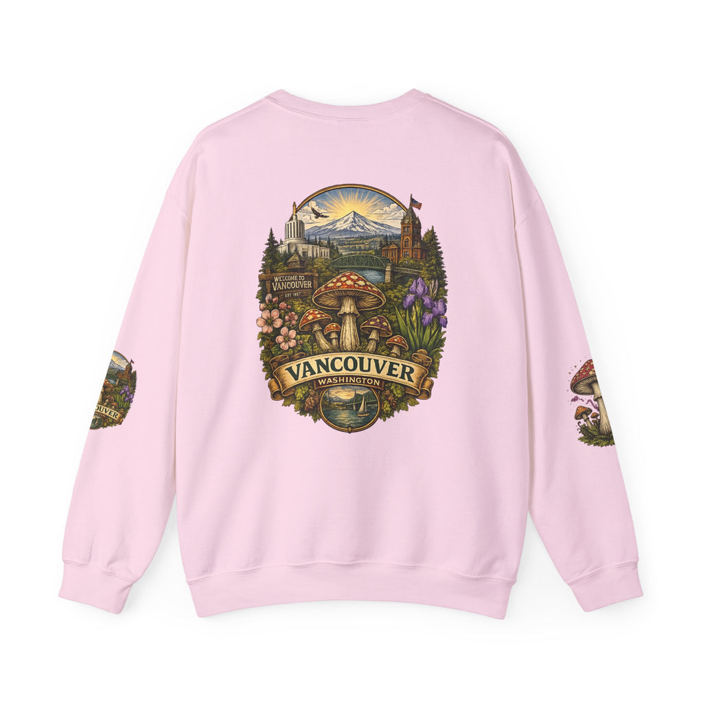 City:  Vancouver Crewneck Sweatshirt — Scenic Pacific Northwest Fungi Design